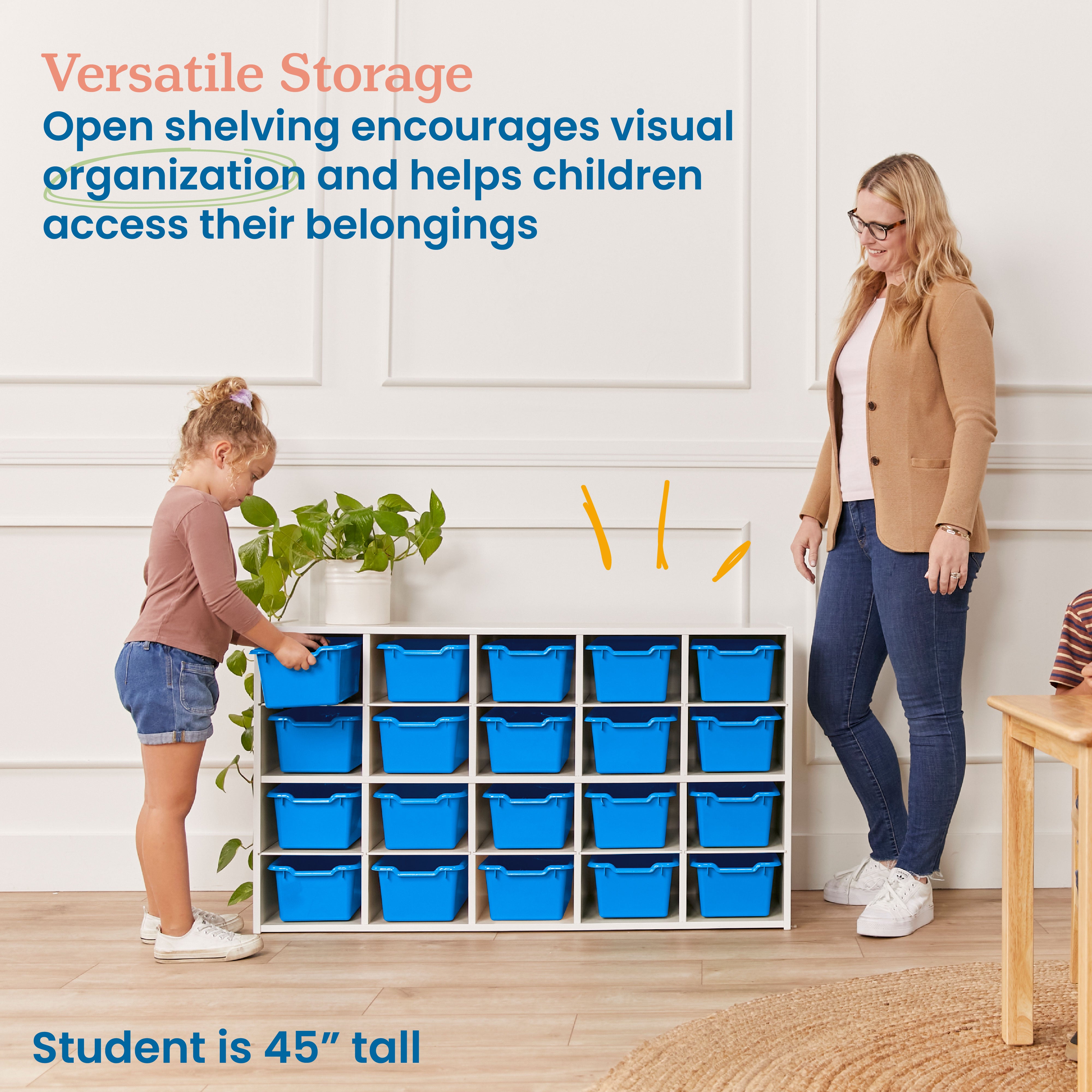 Streamline 20 Cubby Tray Storage Cabinet with 20 Scoop Front Storage Bins, 4x5, White Wash