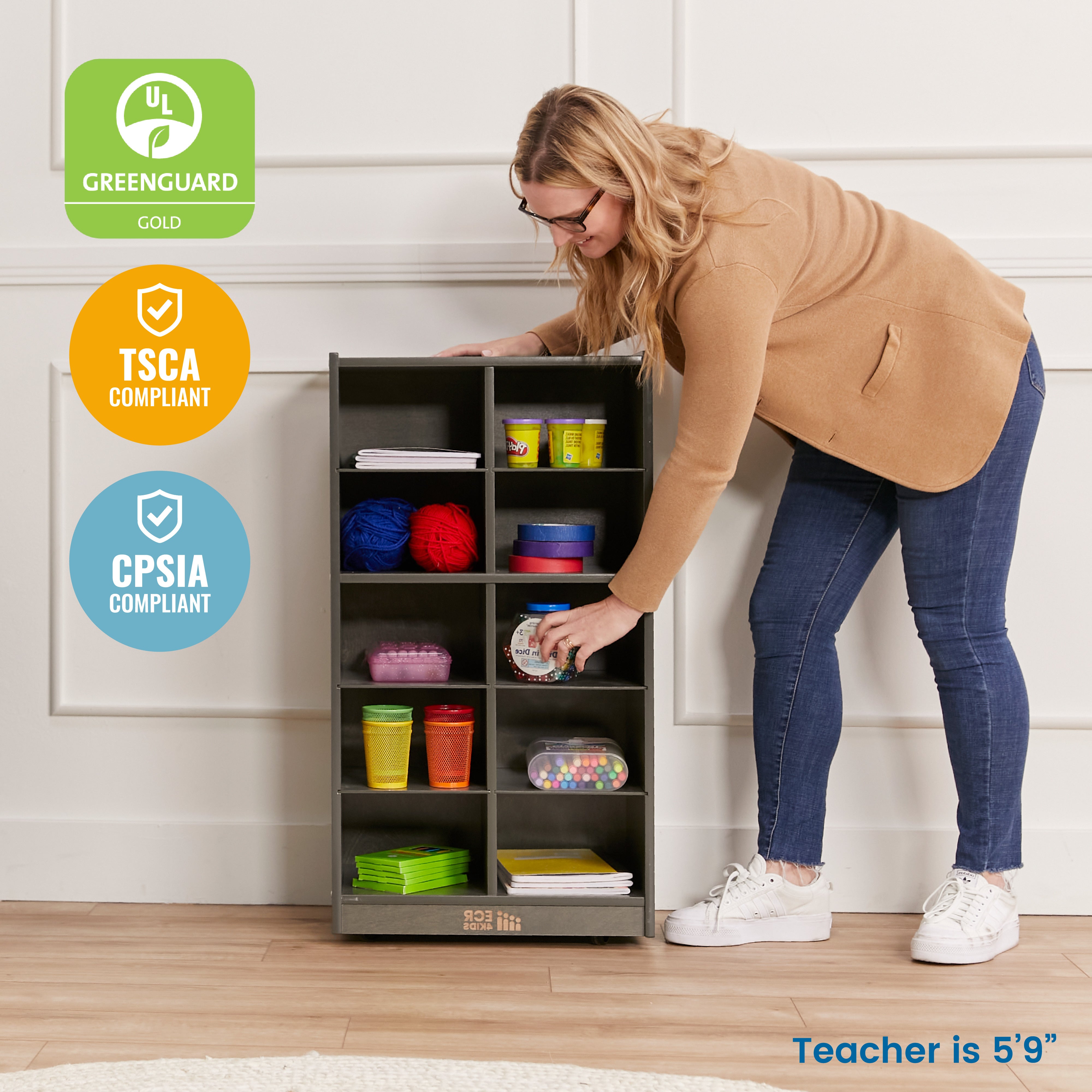 10 Cubby Mobile Tray Storage Cabinet, 5x2