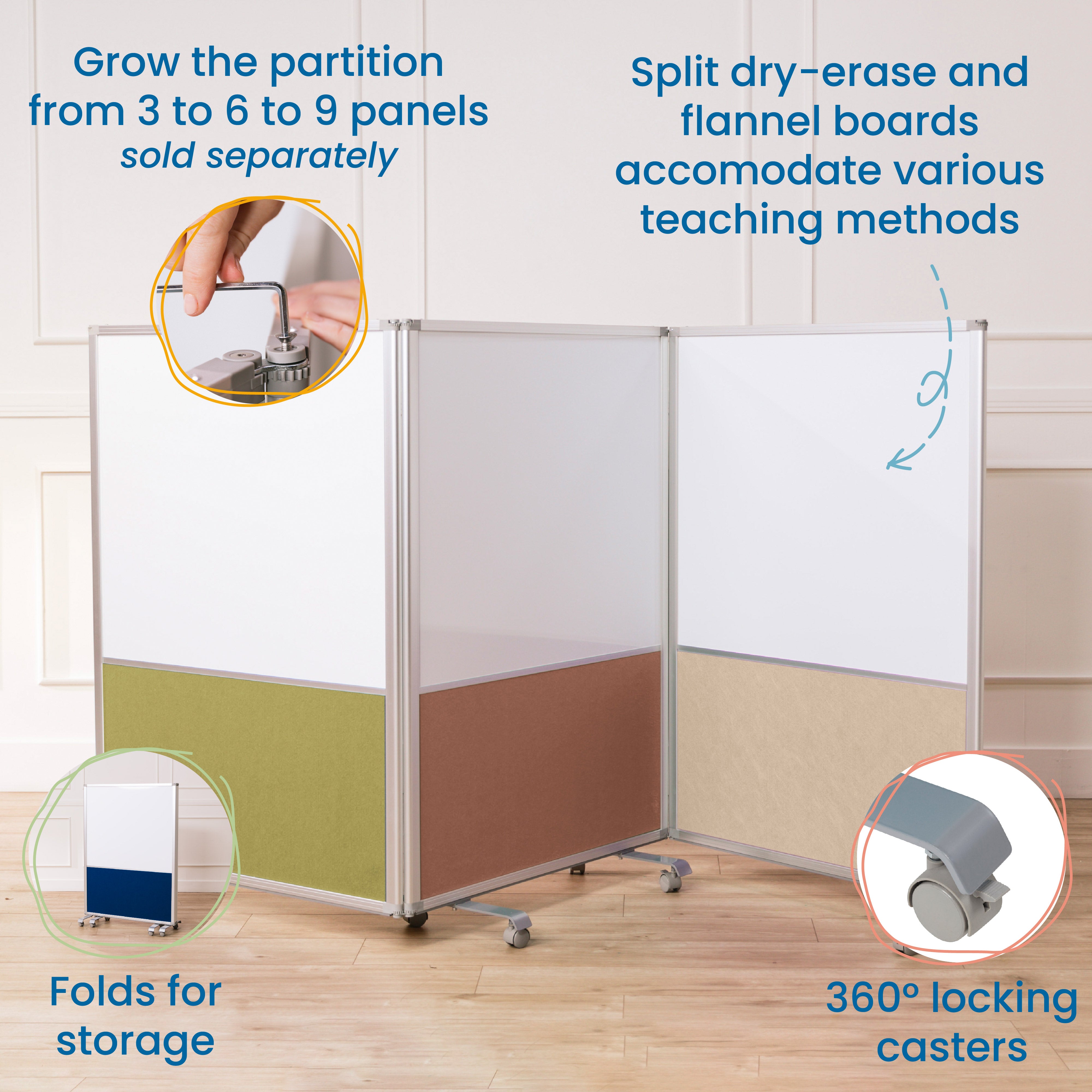 Mobile Dry-Erase and Flannel Split Room Divider, 3-Panel