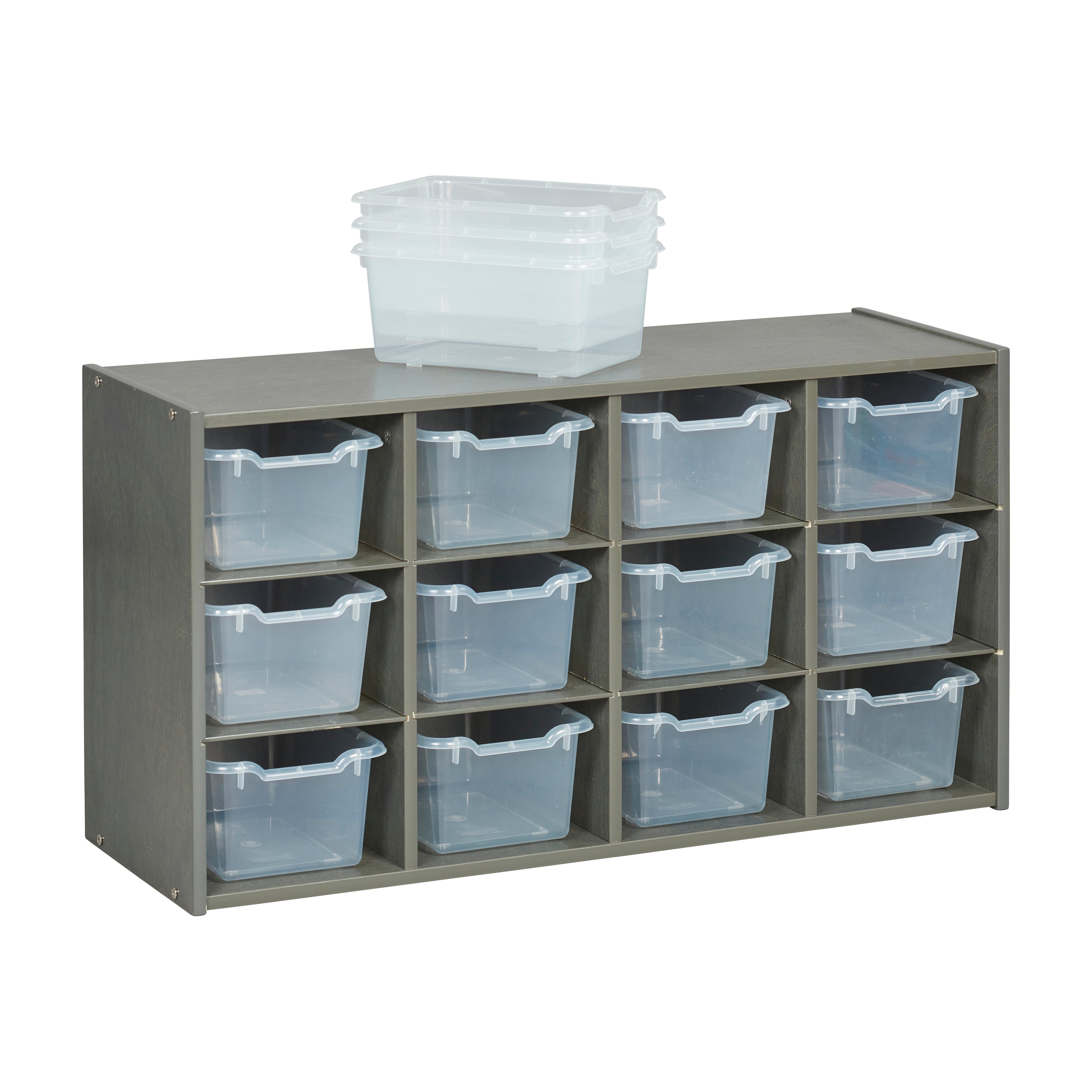 Streamline 12 Cubby Tray Cabinet with Scoop Front Storage Bins, 3x4, Grey Wash, Classroom Furniture