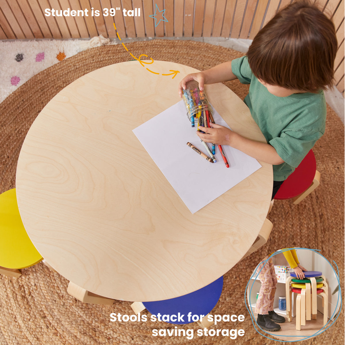 Round Bentwood Table and Four Stools, 12in Seat Height, 5-Piece