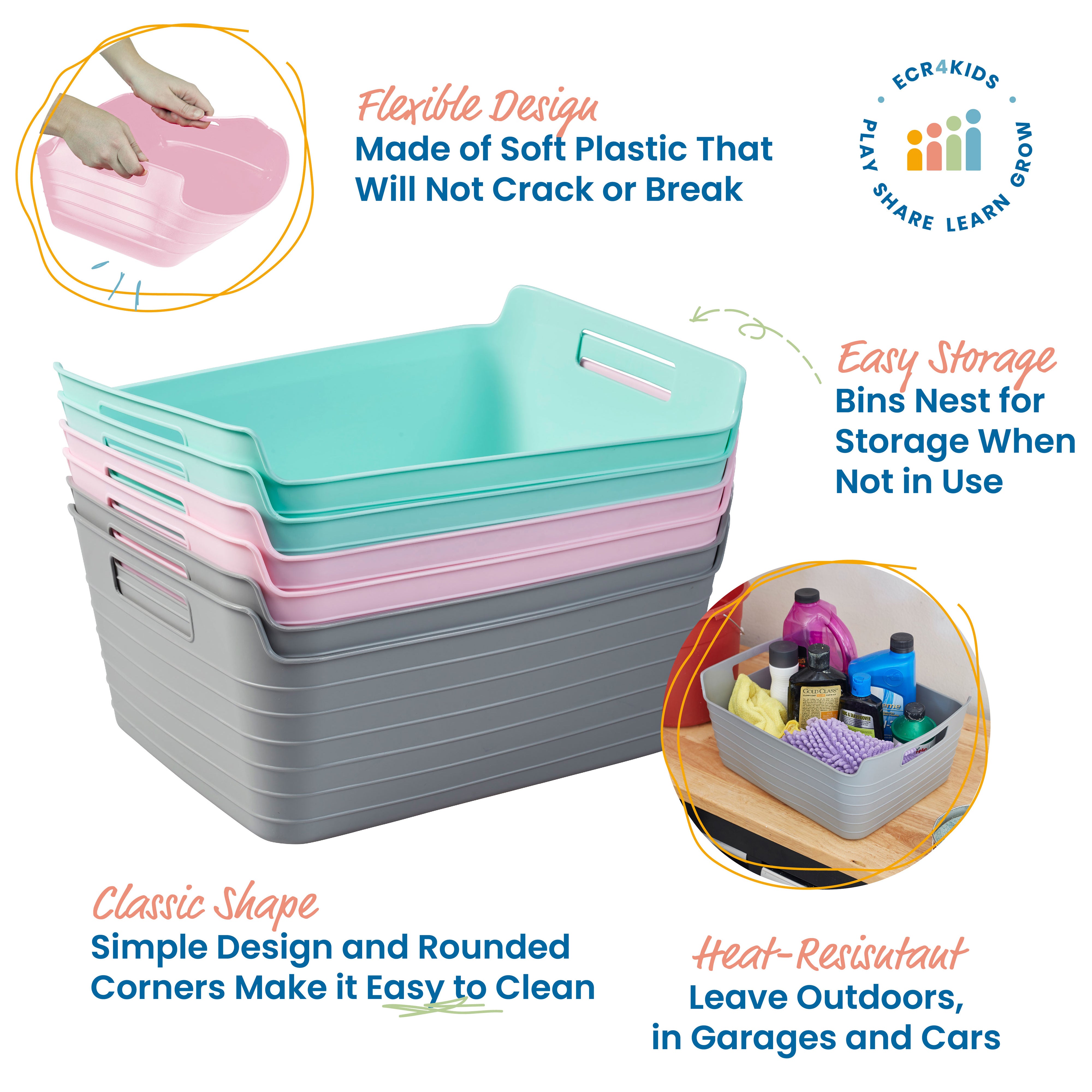 Bendi-Bins with Handles, Flexible Plastic Storage Baskets, 14.6in x 11.4in, 6-Piece