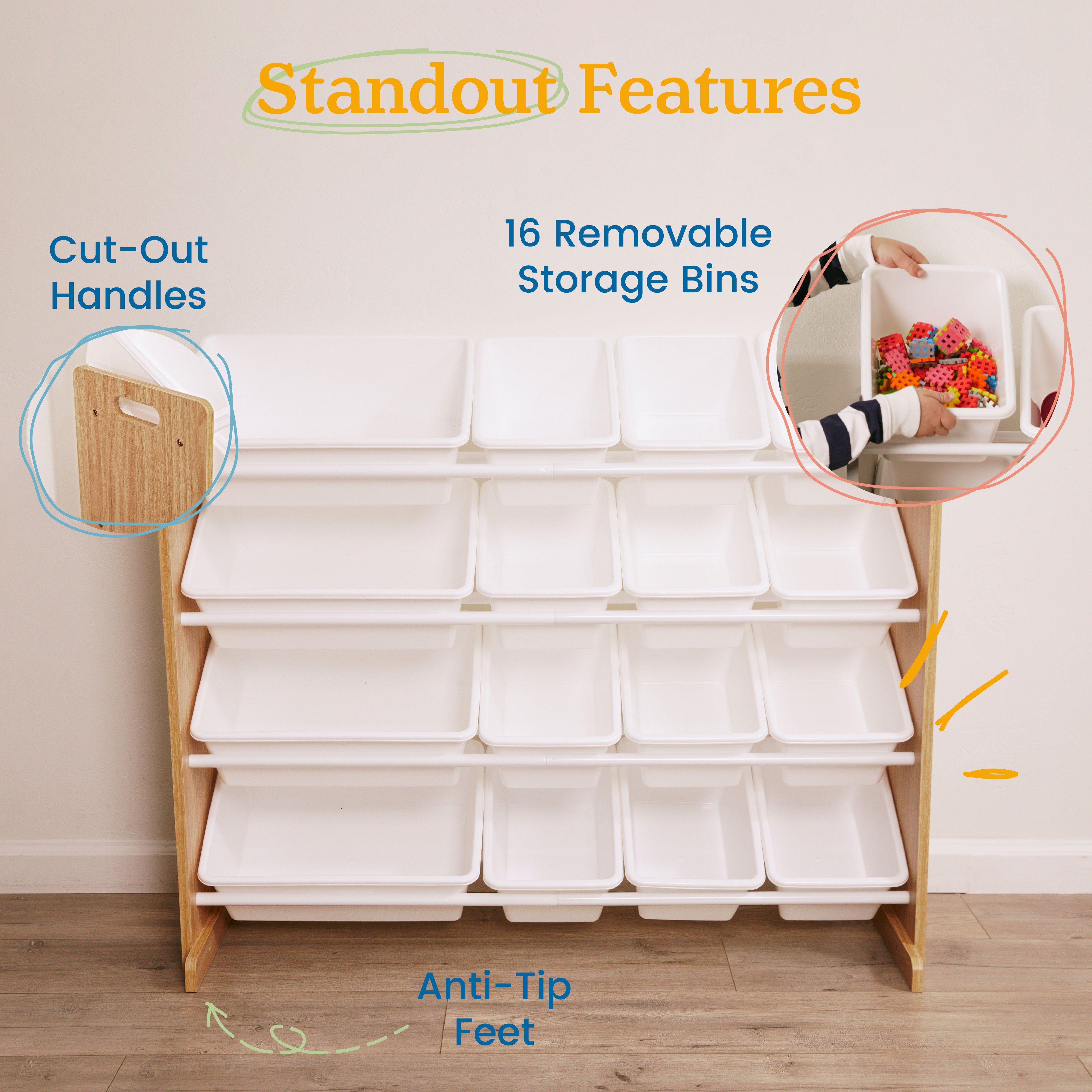 4-Tier Organizer with 16 Removable Plastic Bins, 4x4