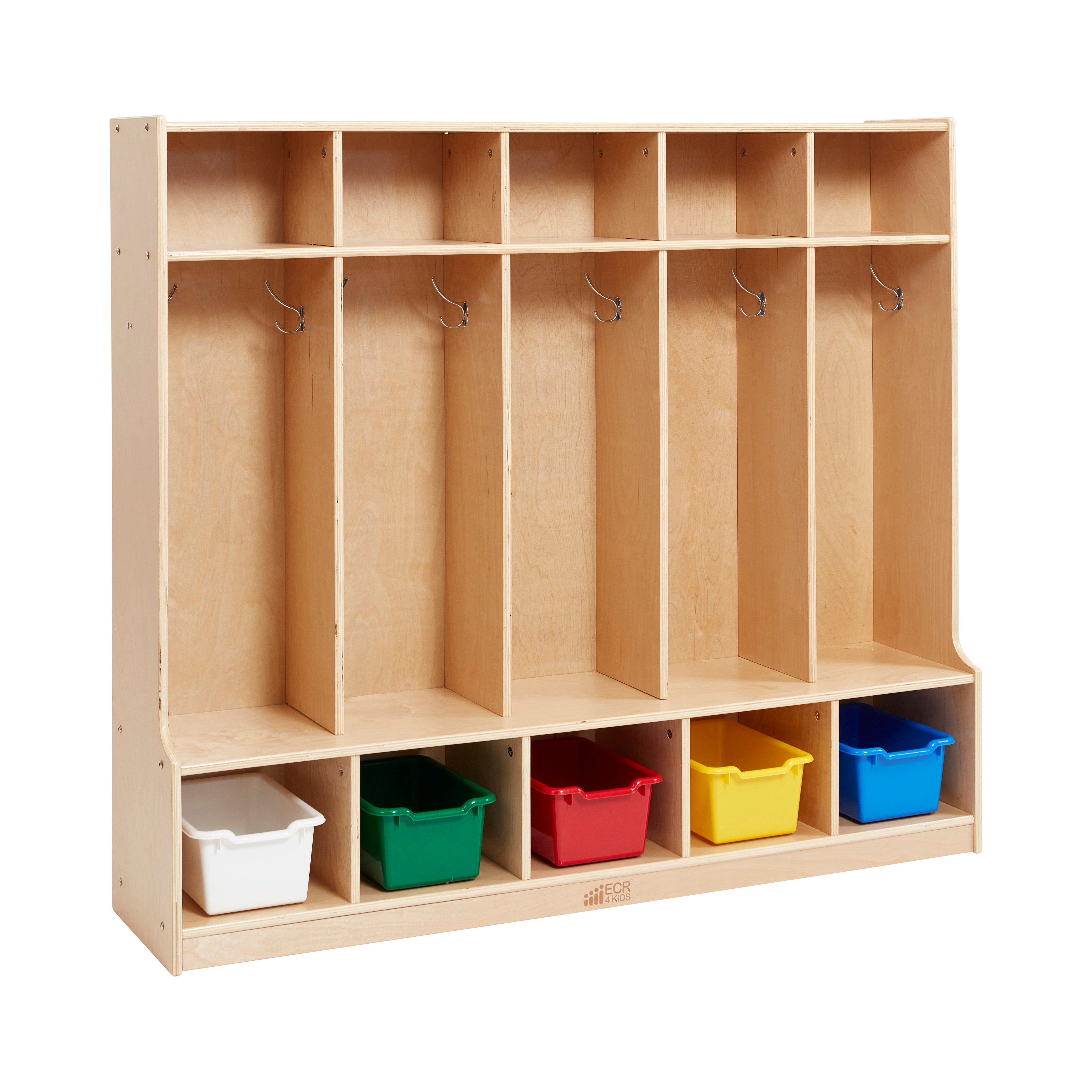5-Section Coat Locker with Bench and Scoop Front Storage Bins, Natural