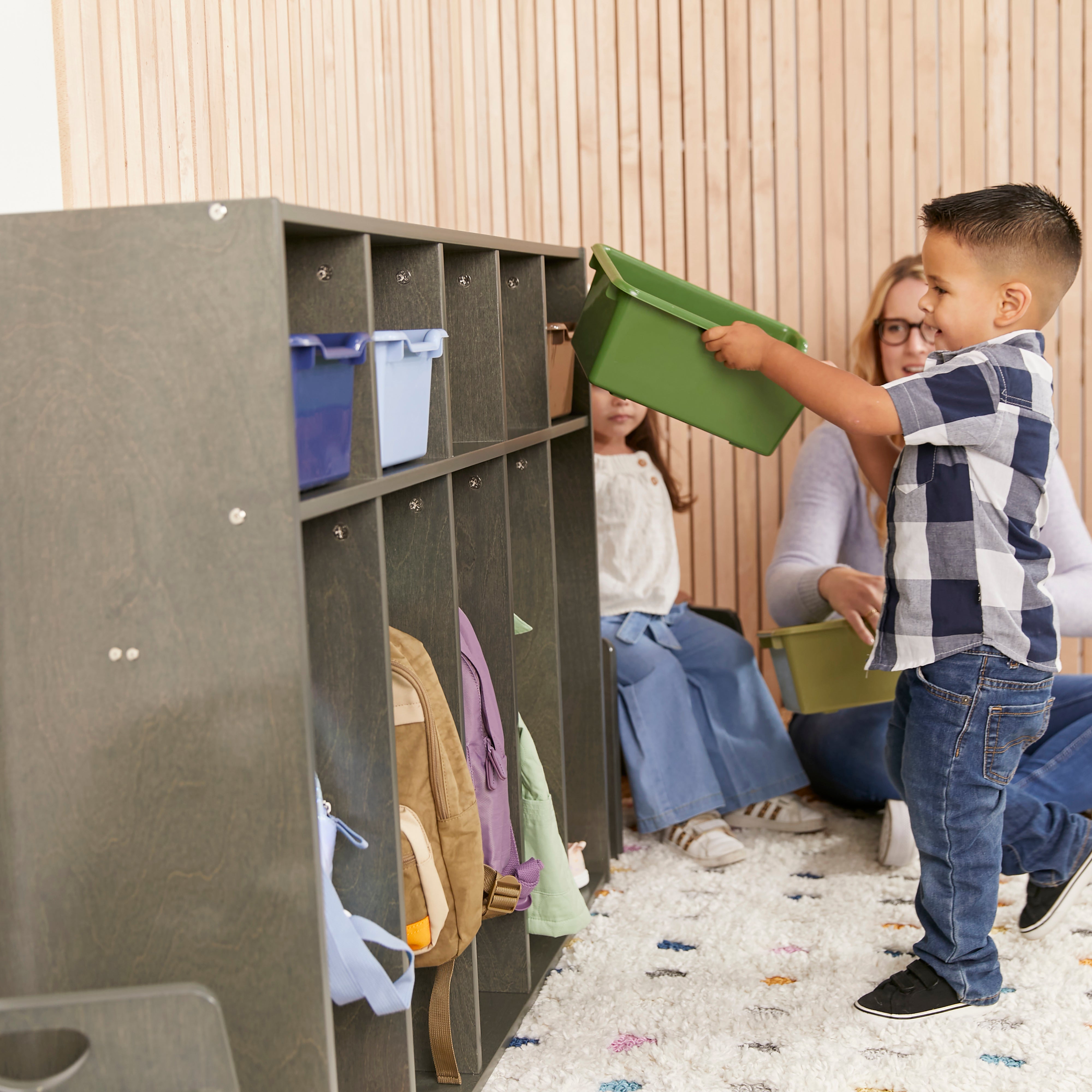 Streamline 5-Section Coat Locker with Scoop Front Storage Bins, Toddler Size, Grey Wash