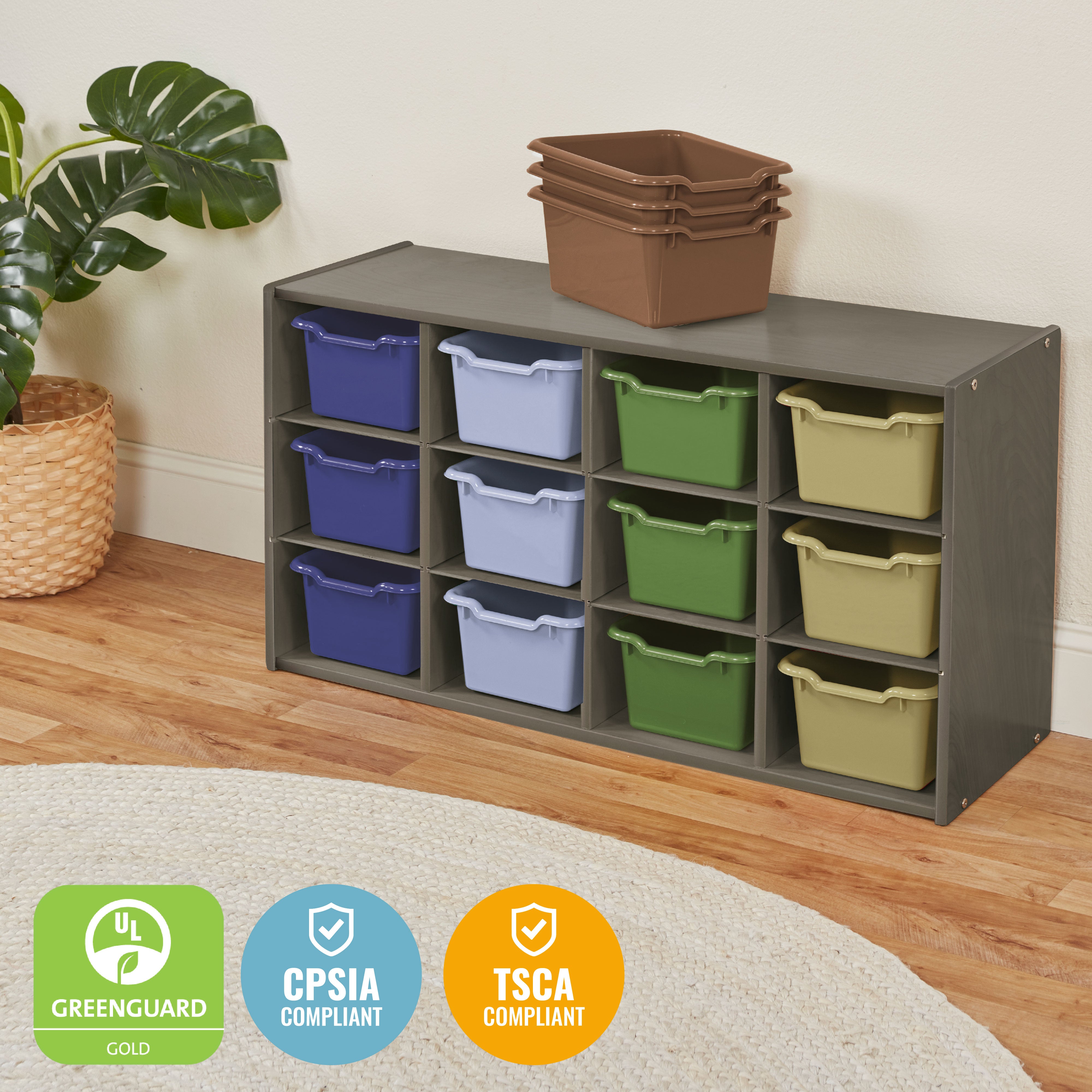 Streamline 12 Cubby Tray Cabinet with Scoop Front Storage Bins, 3x4, Grey Wash, Classroom Furniture