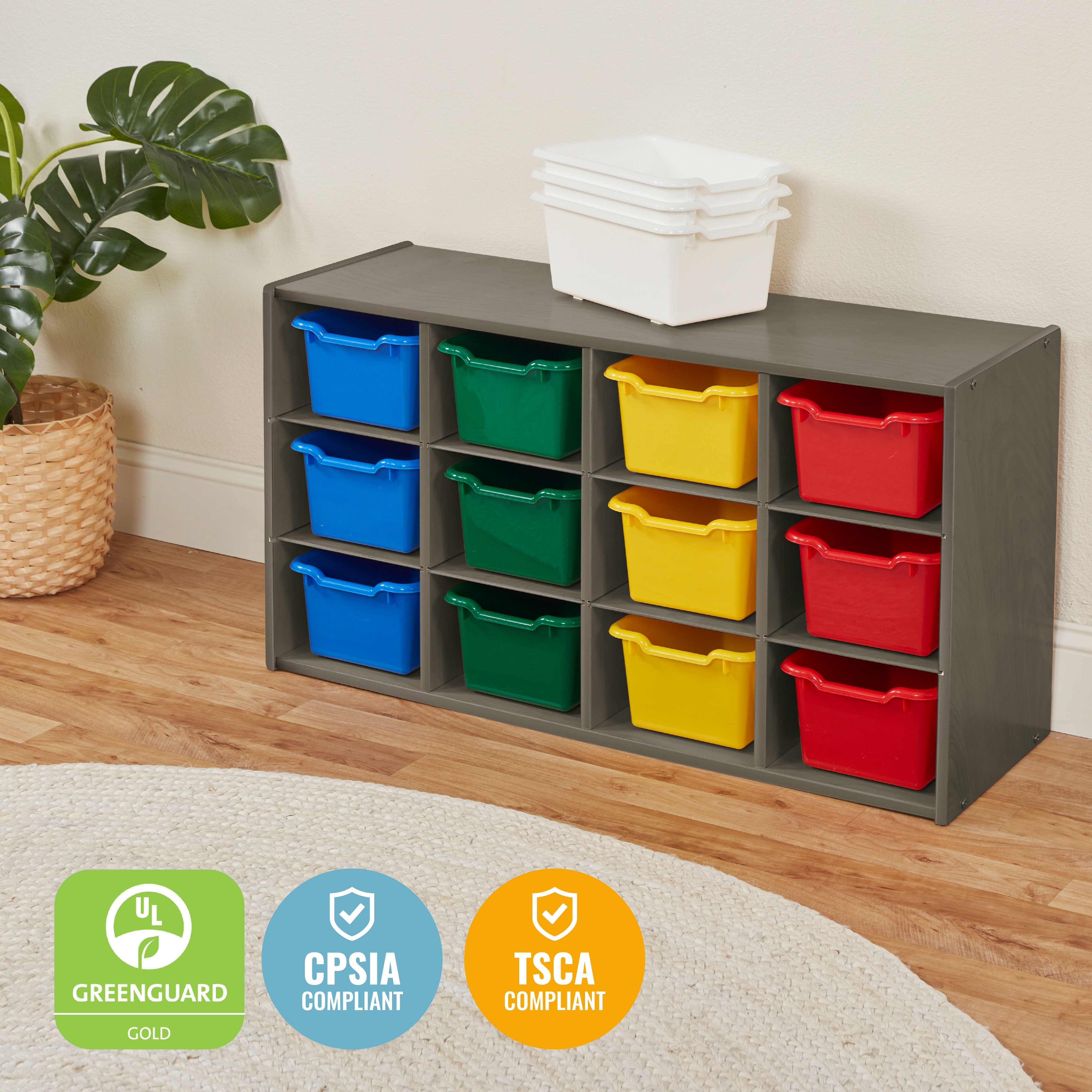 Streamline 12 Cubby Tray Cabinet with Scoop Front Storage Bins, 3x4, Grey Wash, Classroom Furniture