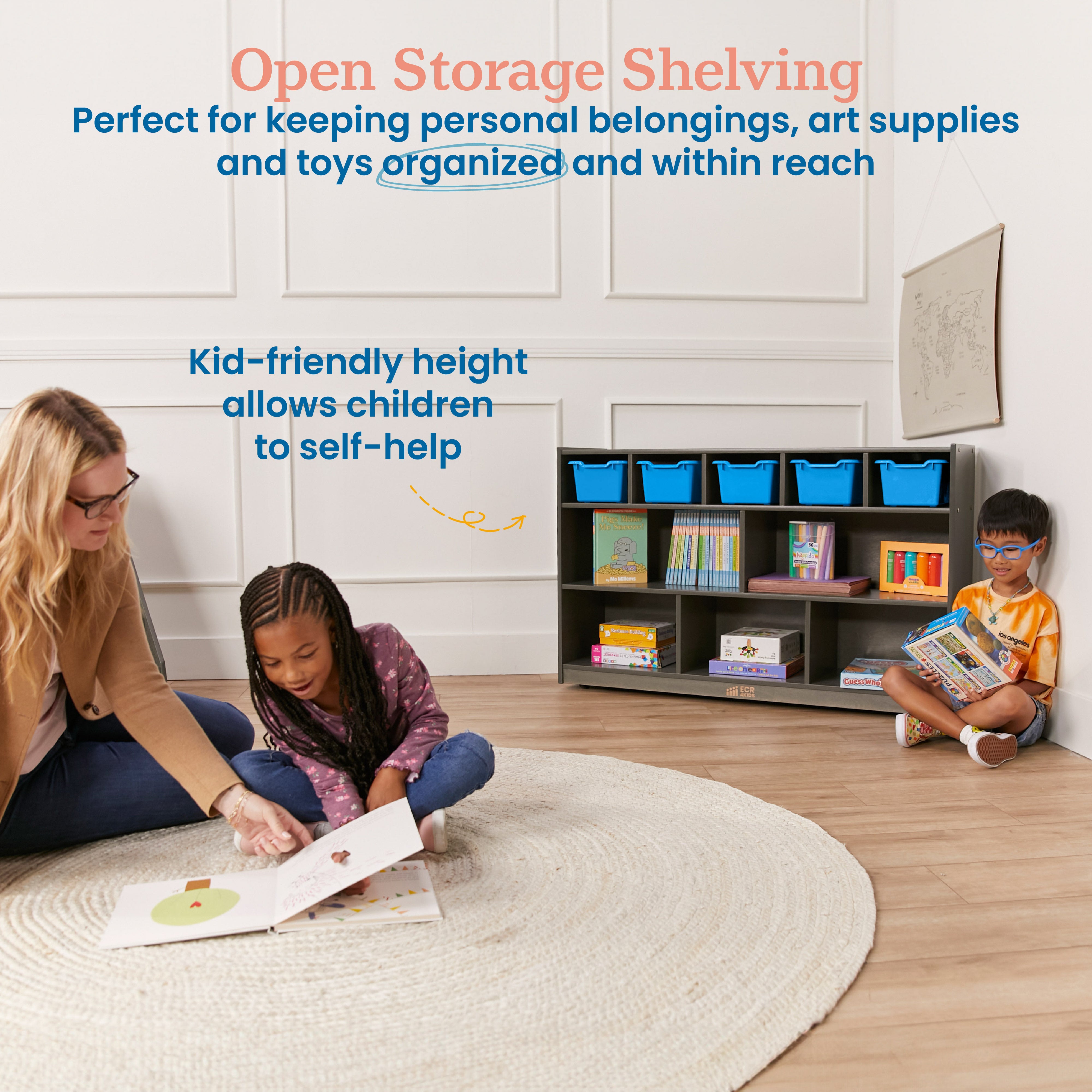 5+5 Mobile Storage and Tray Cabinet with 5 Scoop Front Bins, Grey Wash, Classroom Furniture