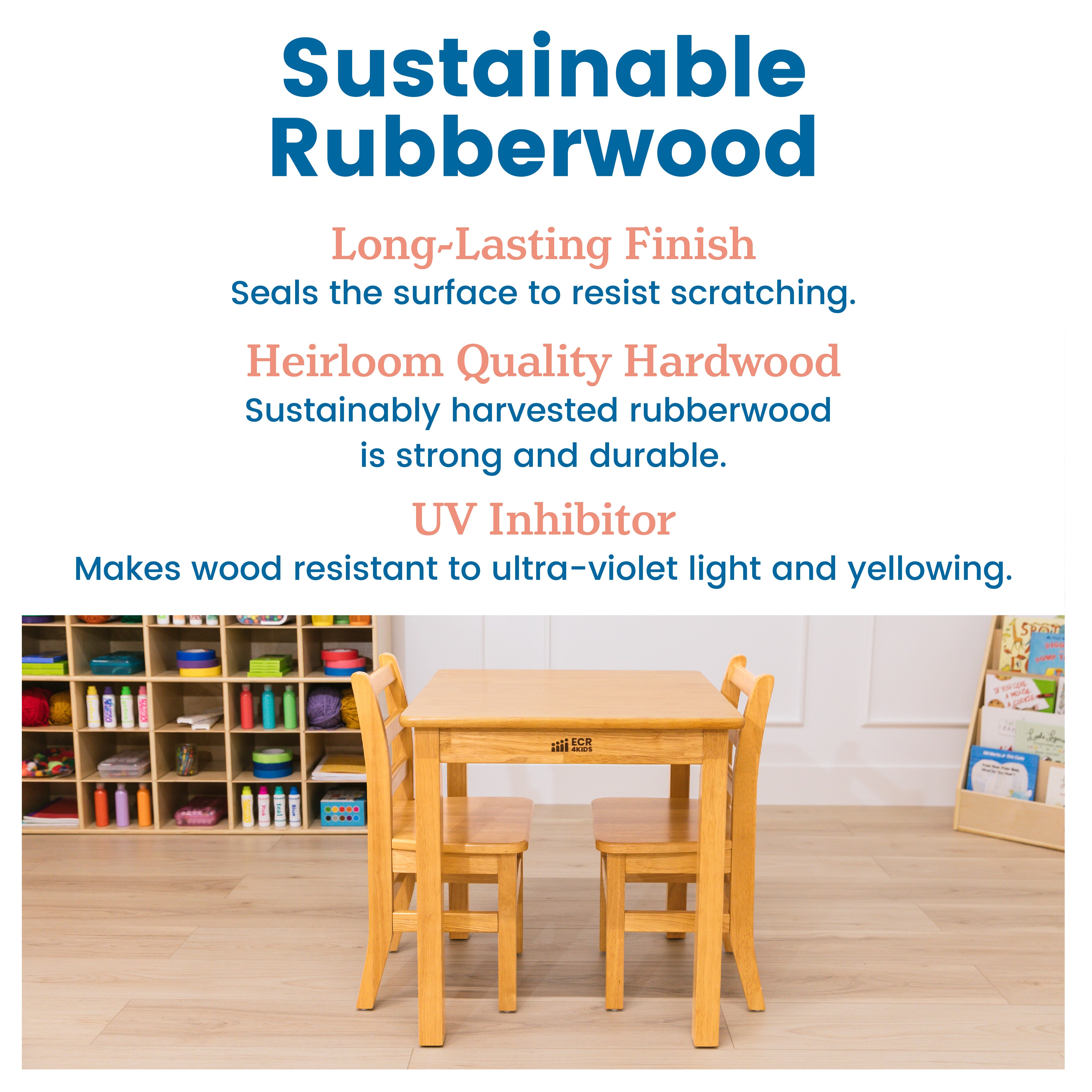 24in x 24in Square Hardwood Table with 24in Legs and Two 14in Chairs, 3-Piece