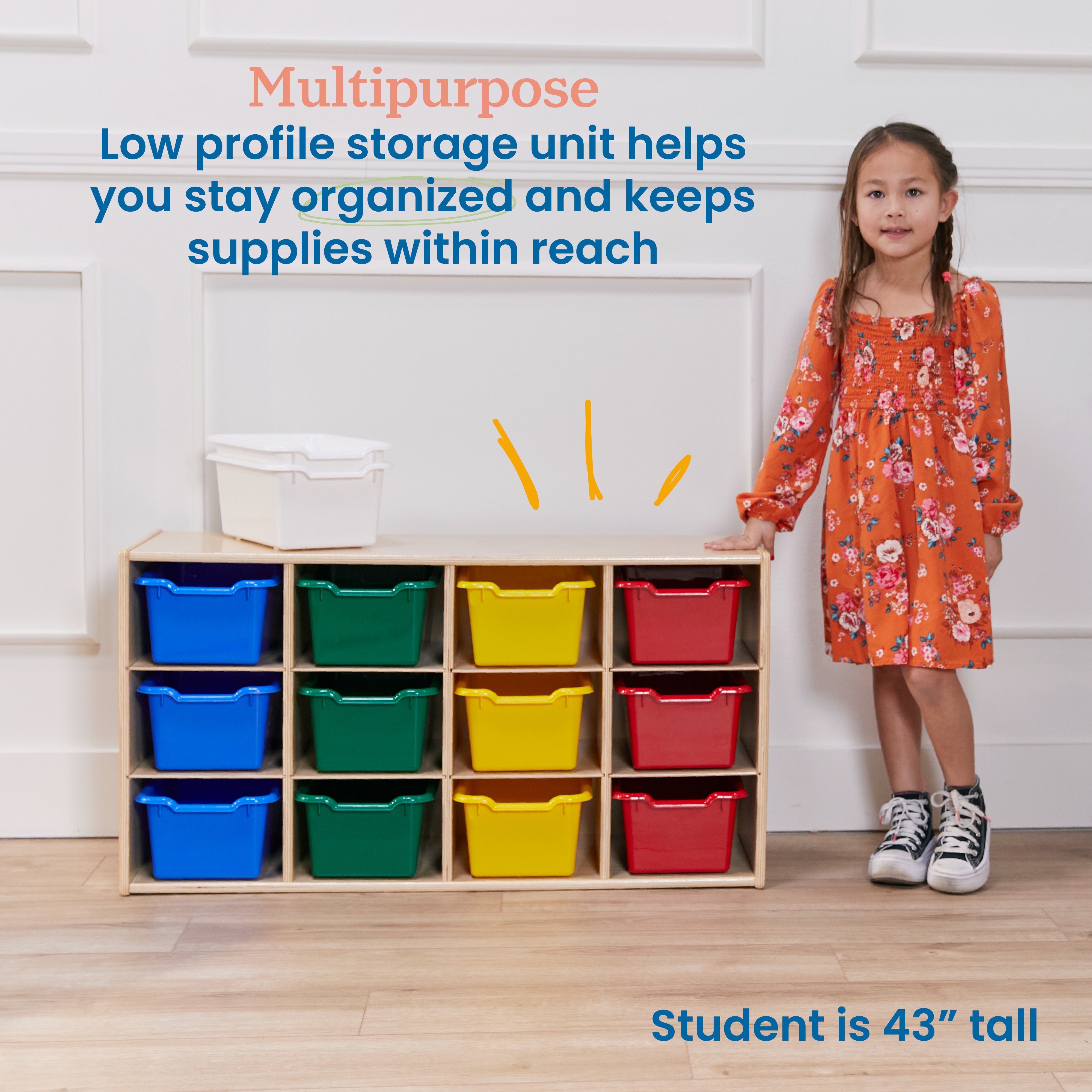 Streamline 12 Cubby Tray Cabinet with 15 Scoop Front Storage Bins, 3x4, Natural