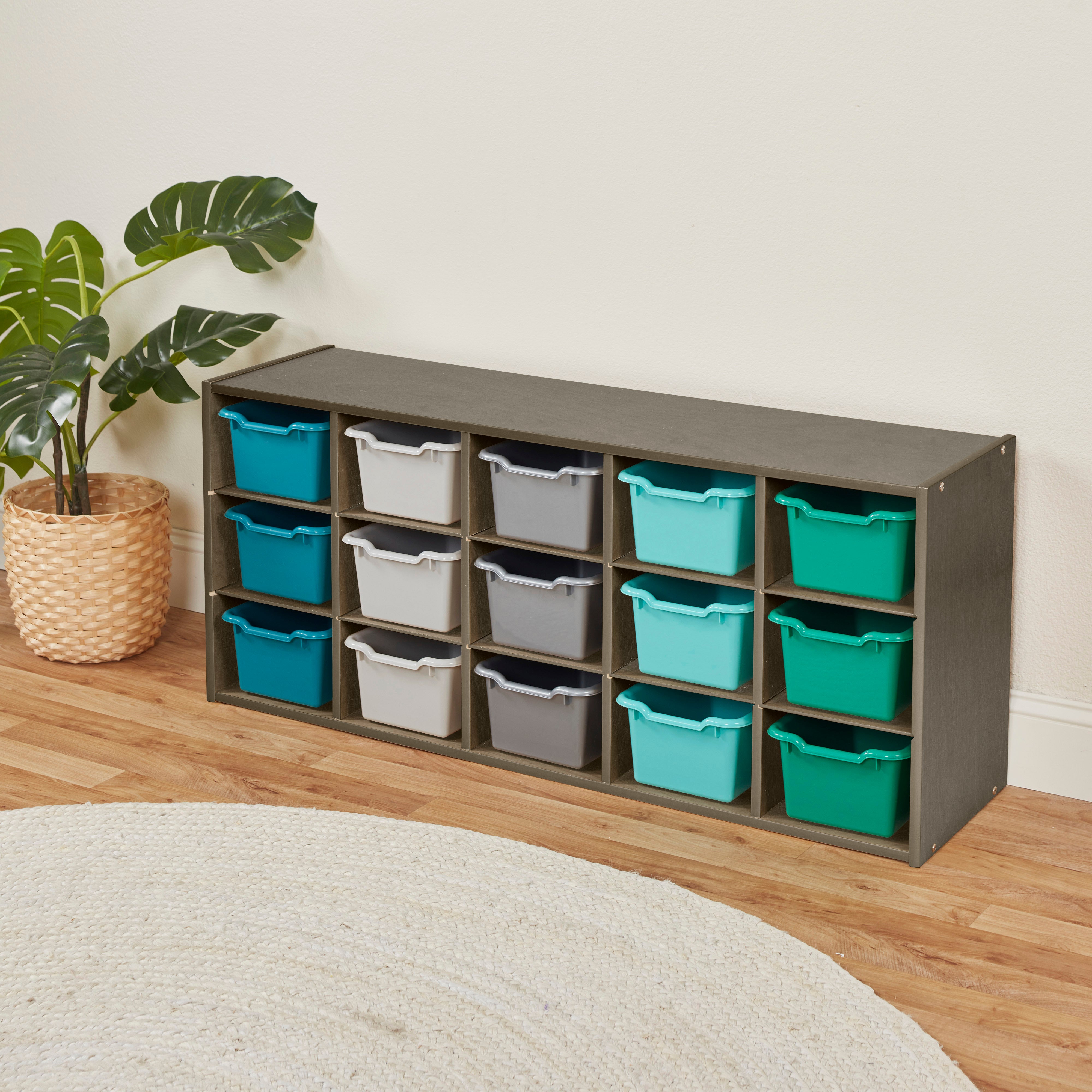 Streamline 15 Cubby Tray Cabinet with 15 Scoop Front Storage Bins, 3x5, Grey Wash