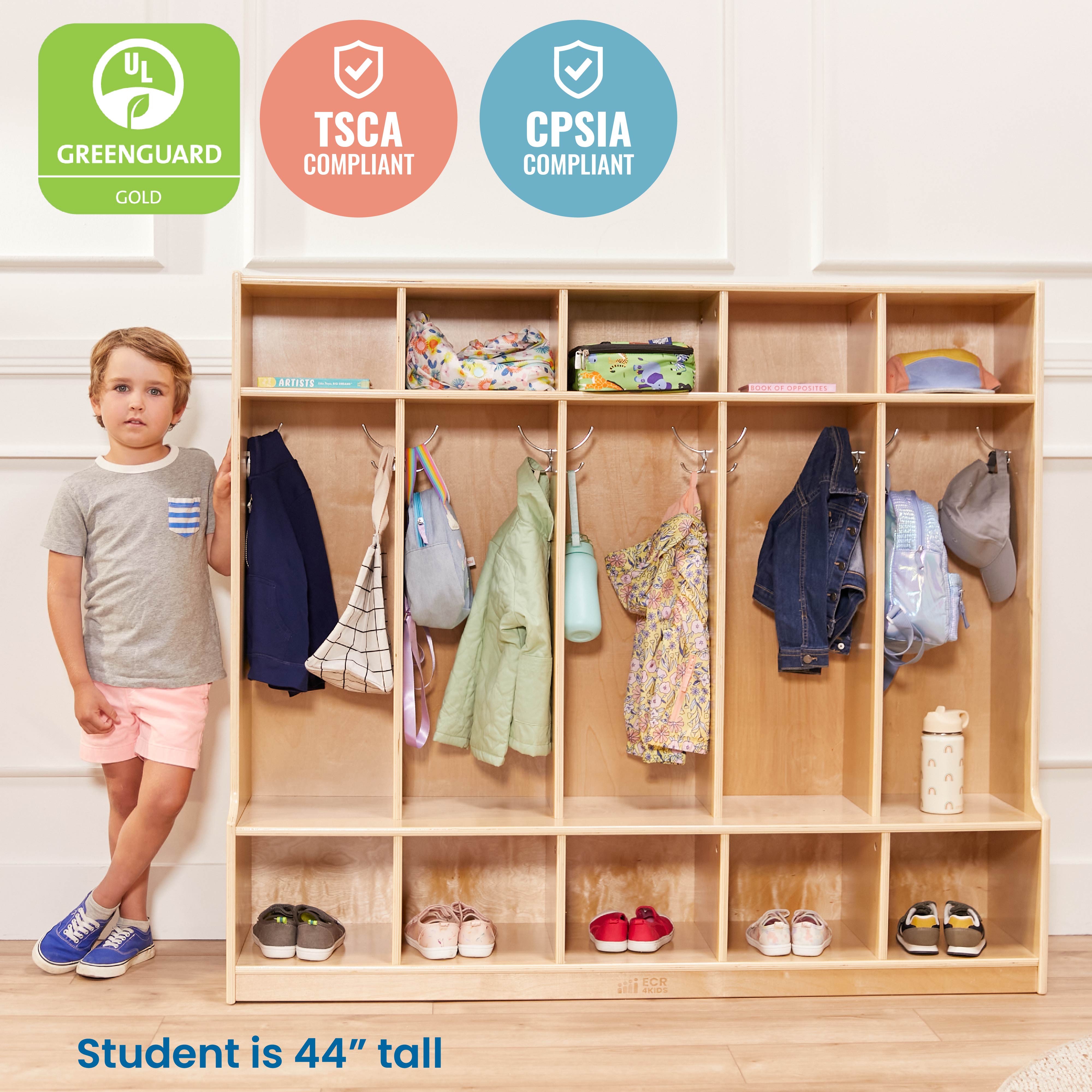 5-Section Coat Locker with Bench and Scoop Front Storage Bins, Natural