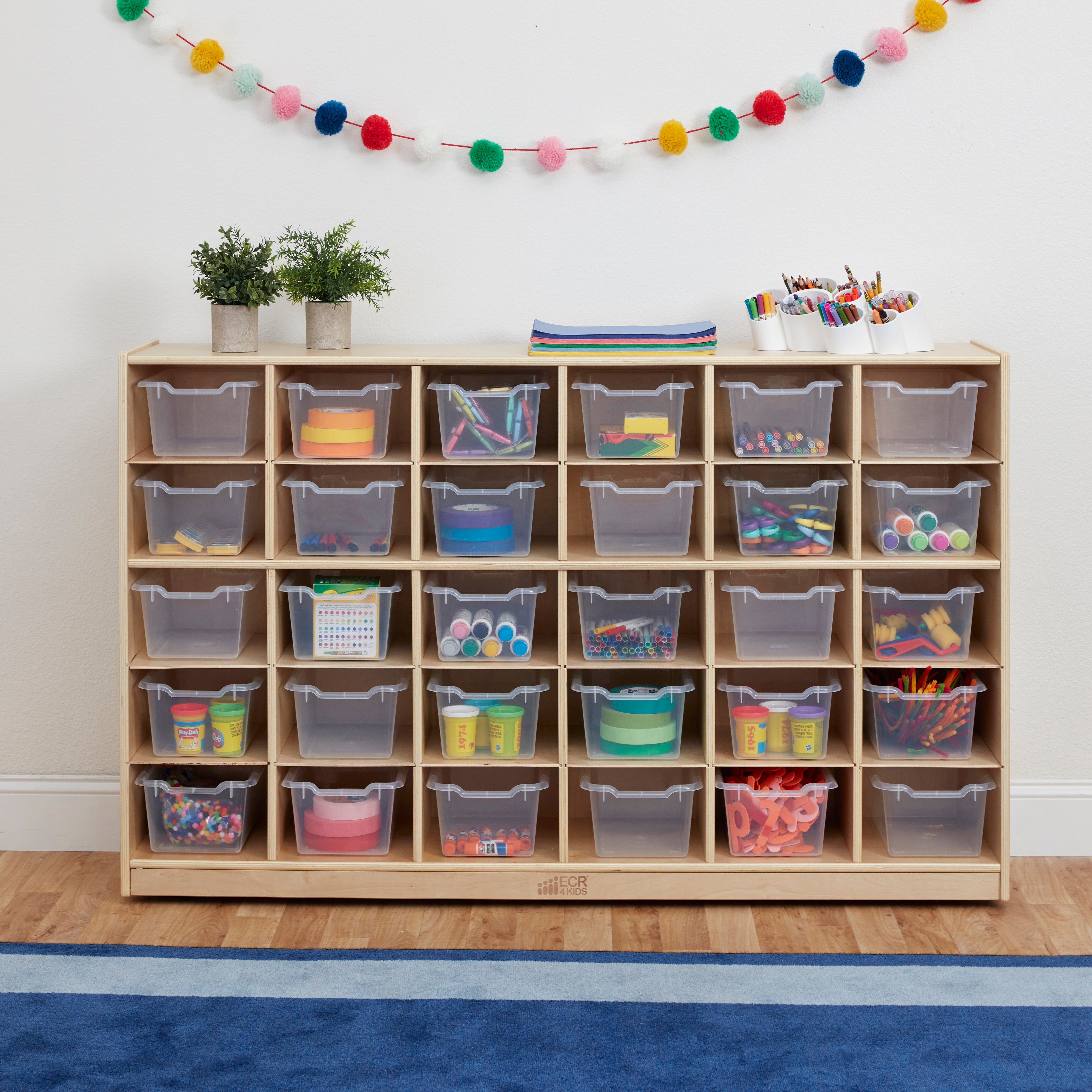 30 Cubby Mobile Tray Cabinet with 30 Scoop Front Storage Bins, 5x6, Natural