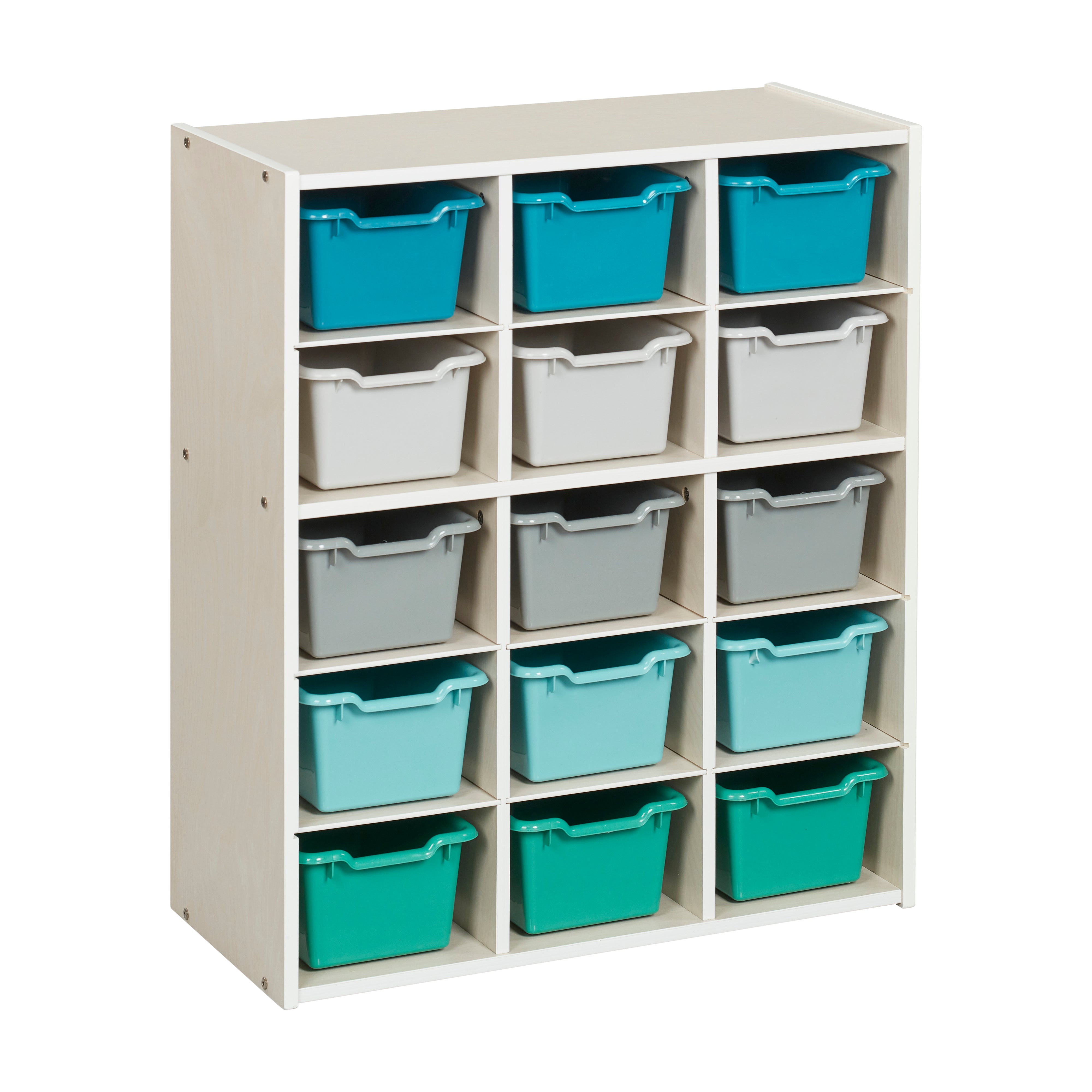 Streamline 15 Cubby Tray Cabinet with 15 Scoop Front Storage Bins, 5x3, White Wash