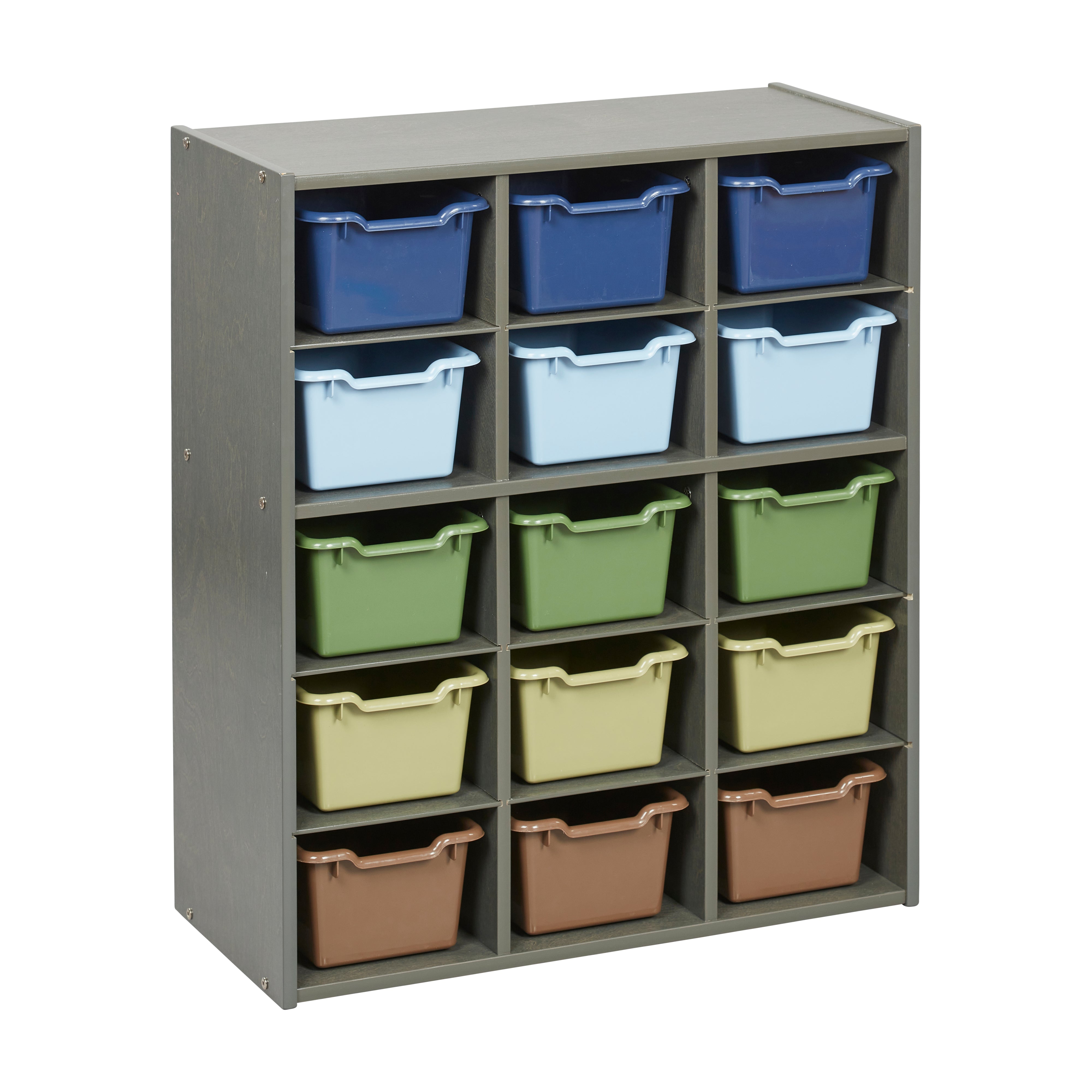 Streamline 15 Cubby Tray Cabinet with 15 Scoop Front Storage Bins, 5x3, Grey Wash