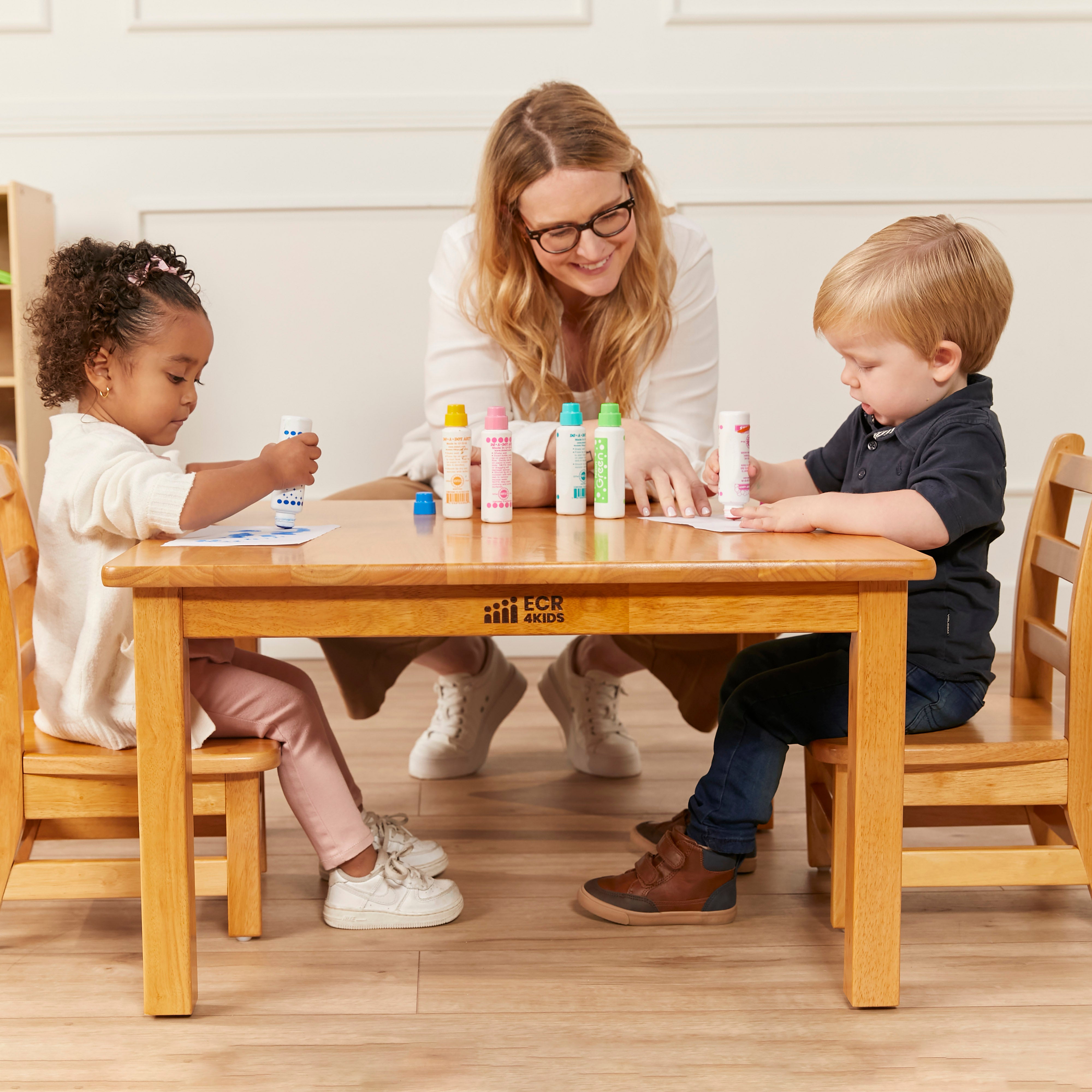 30in x 30in Square Hardwood Table with 16in Legs and Two 8in Chairs, 3-Piece