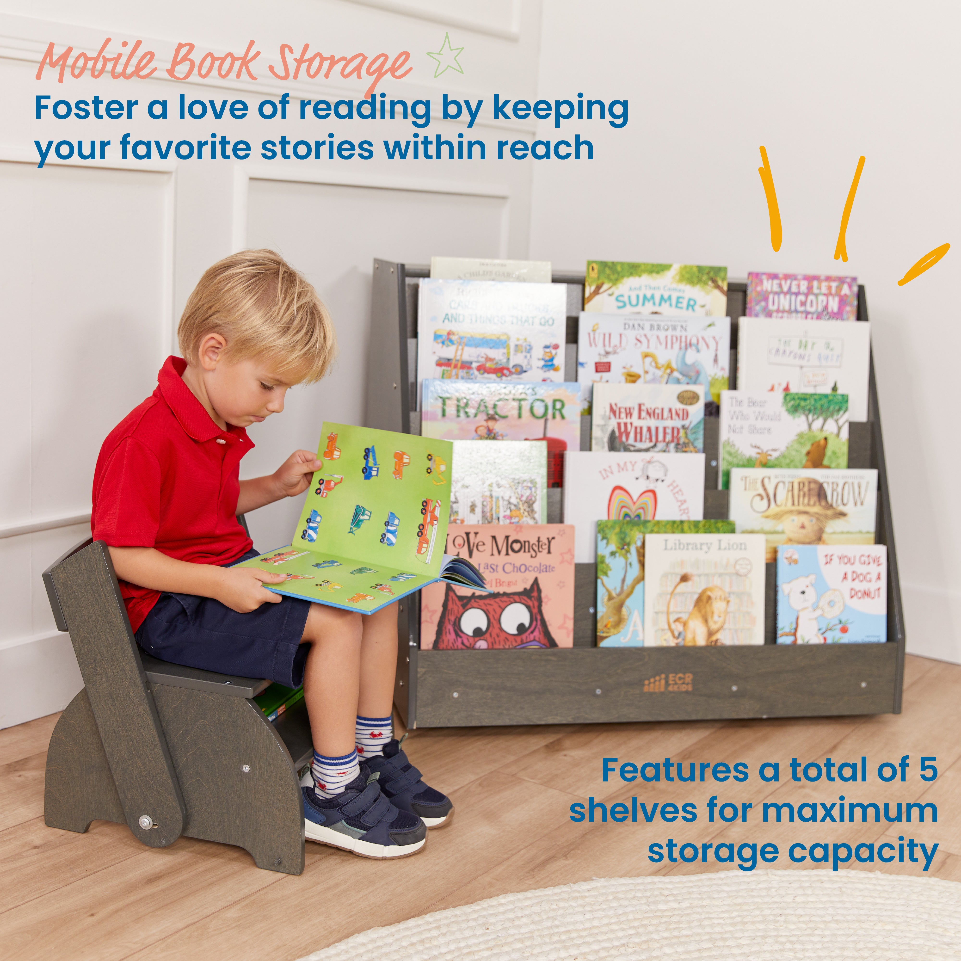 Double-Sided Mobile Book Display with Storage, Classroom Bookshelf