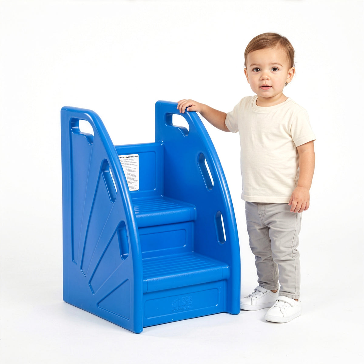 Blue plastic two-step stool with handles on both sides and handholds on the side panels.