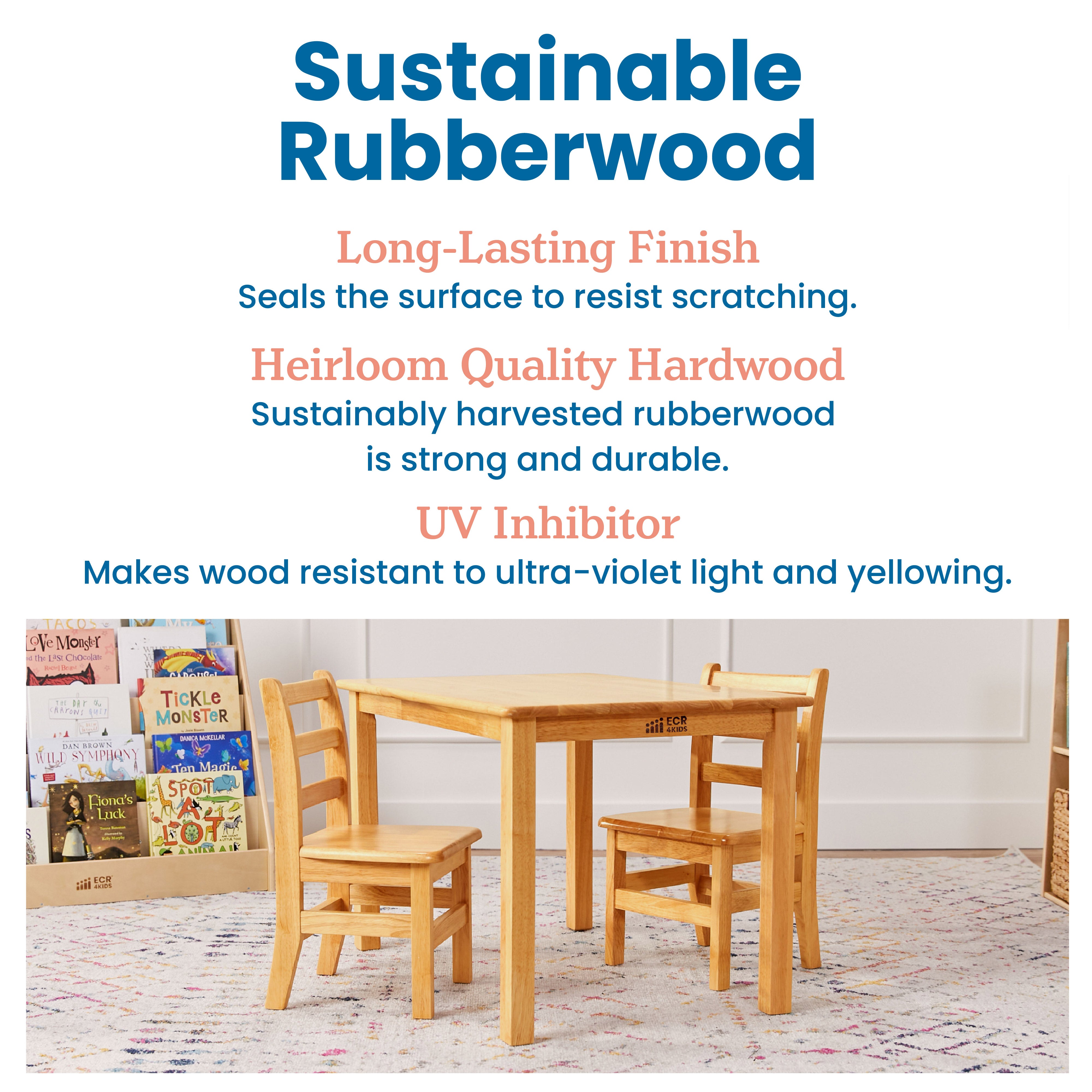 24in x 24in Hardwood Table and Chair Set, 12in Seat Height, Kids Furniture