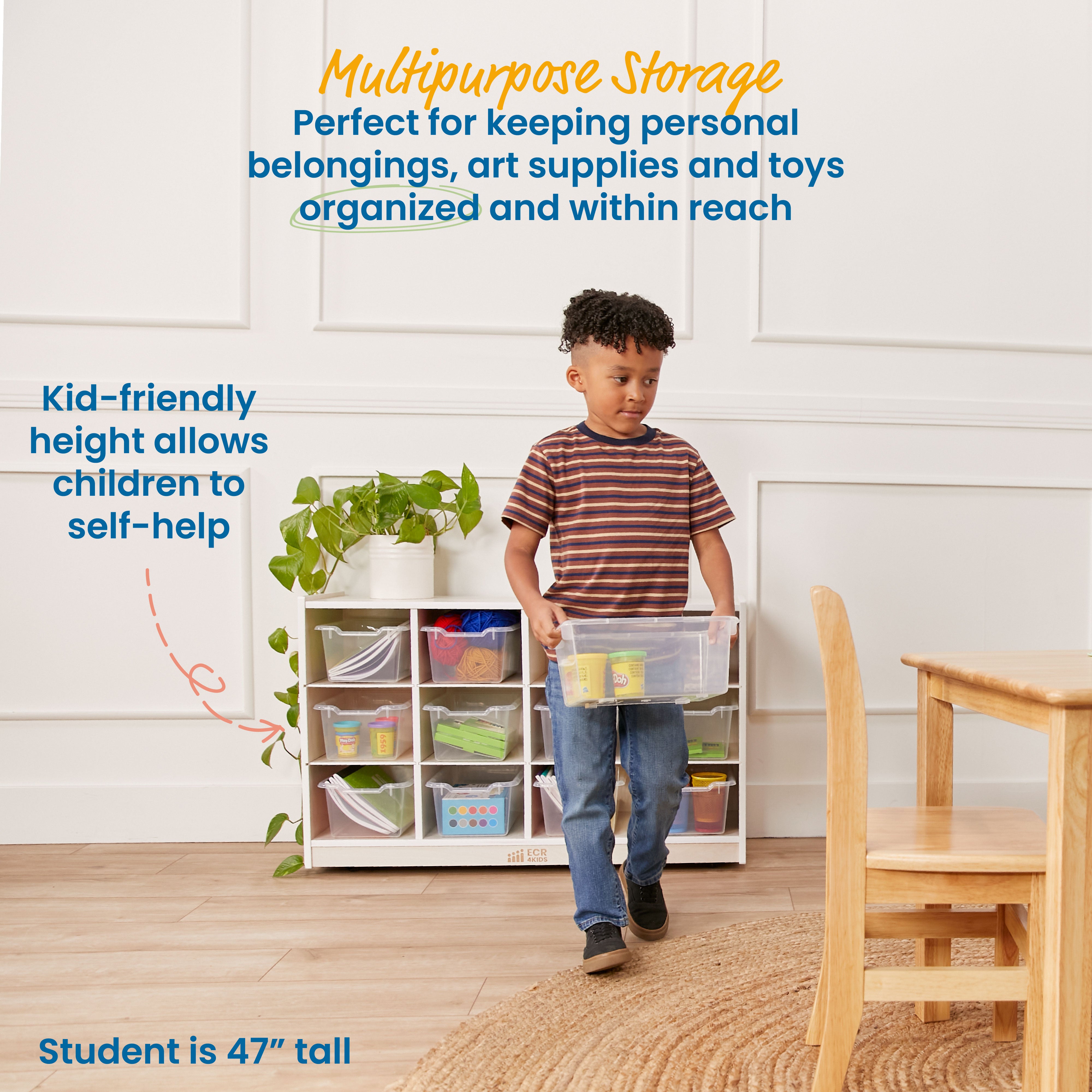 12 Cubby Mobile Tray Cabinet with 15 Scoop Front Storage Bins, 3x4, White Wash