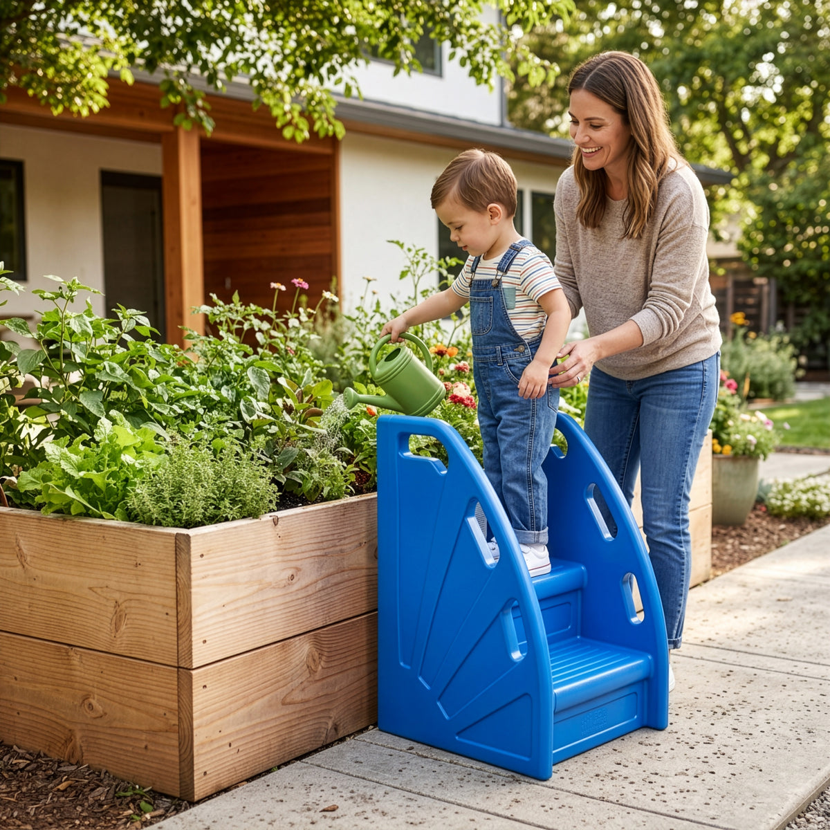Child climbing blue plastic 2-step stool with handles while adult supervises outdoors.