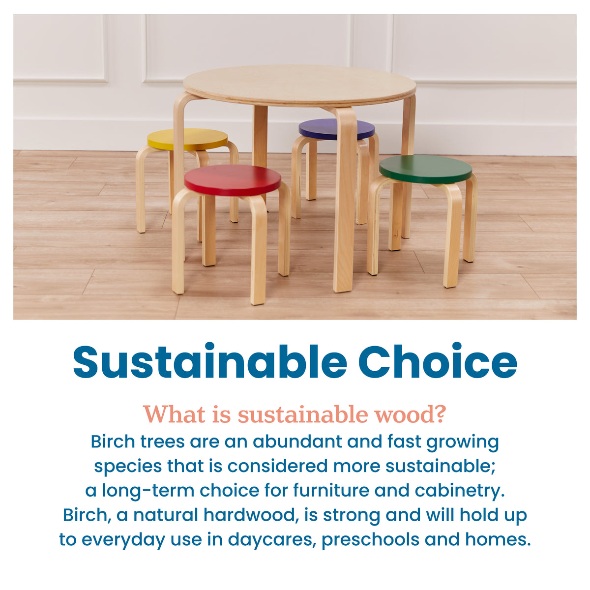 Round Bentwood Table and Four Stools, 12in Seat Height, 5-Piece