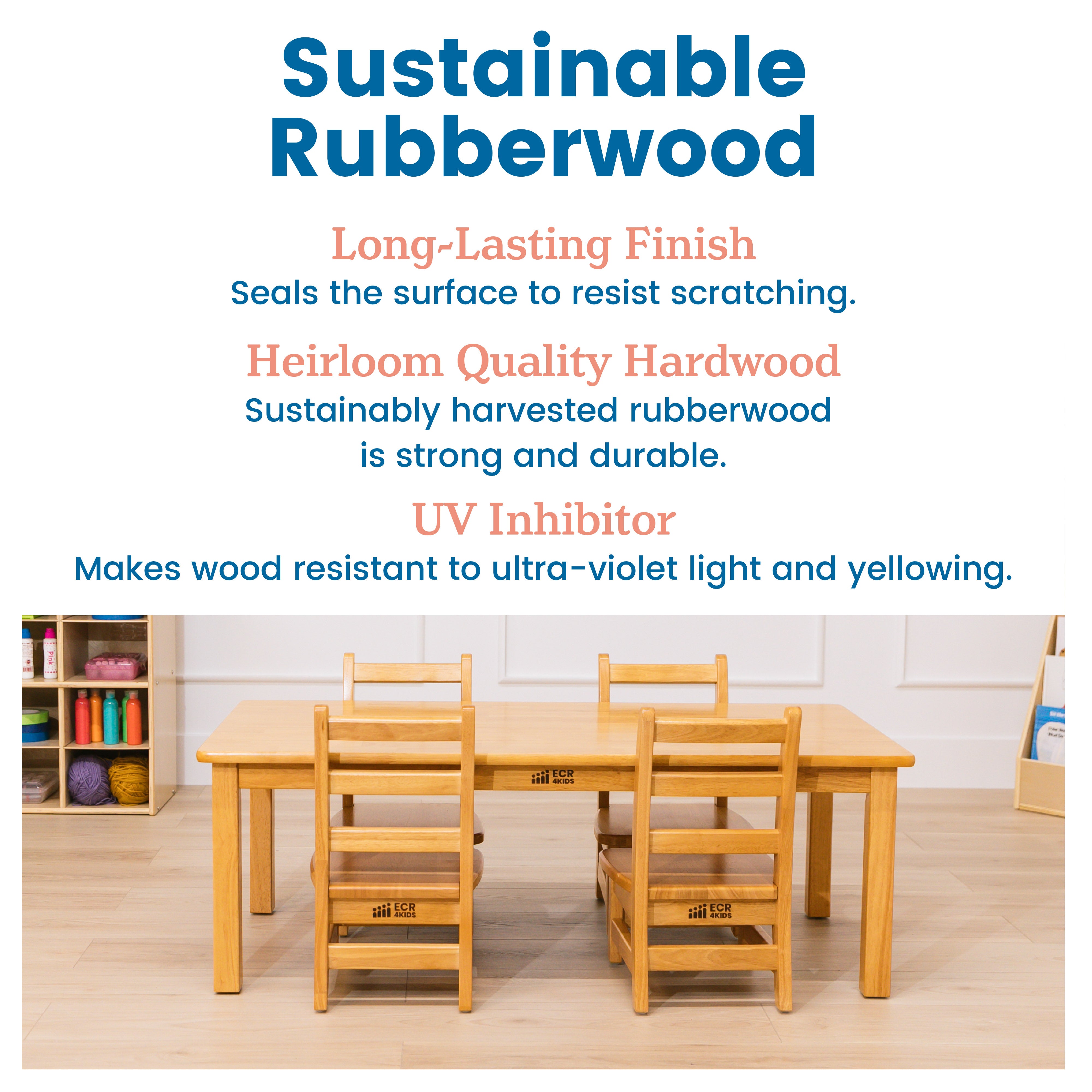 24in x 48in Rectangular Hardwood Table with 16in Legs and Four 8in Chairs, 5-Piece