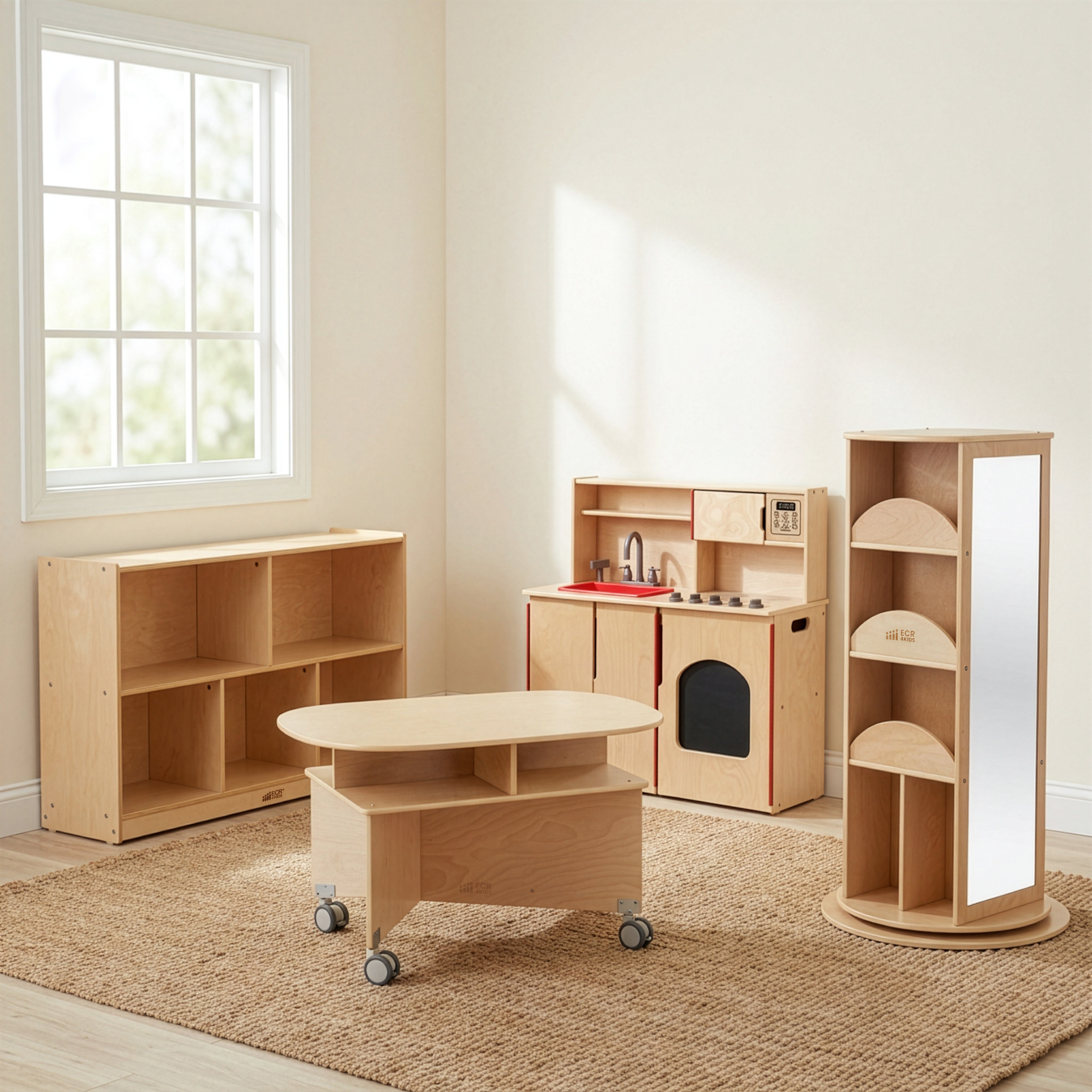 Preschool Dramatic Play Center with Play Kitchen, Dress Up Carousel, Storage Cabinet and Collaboration Table
