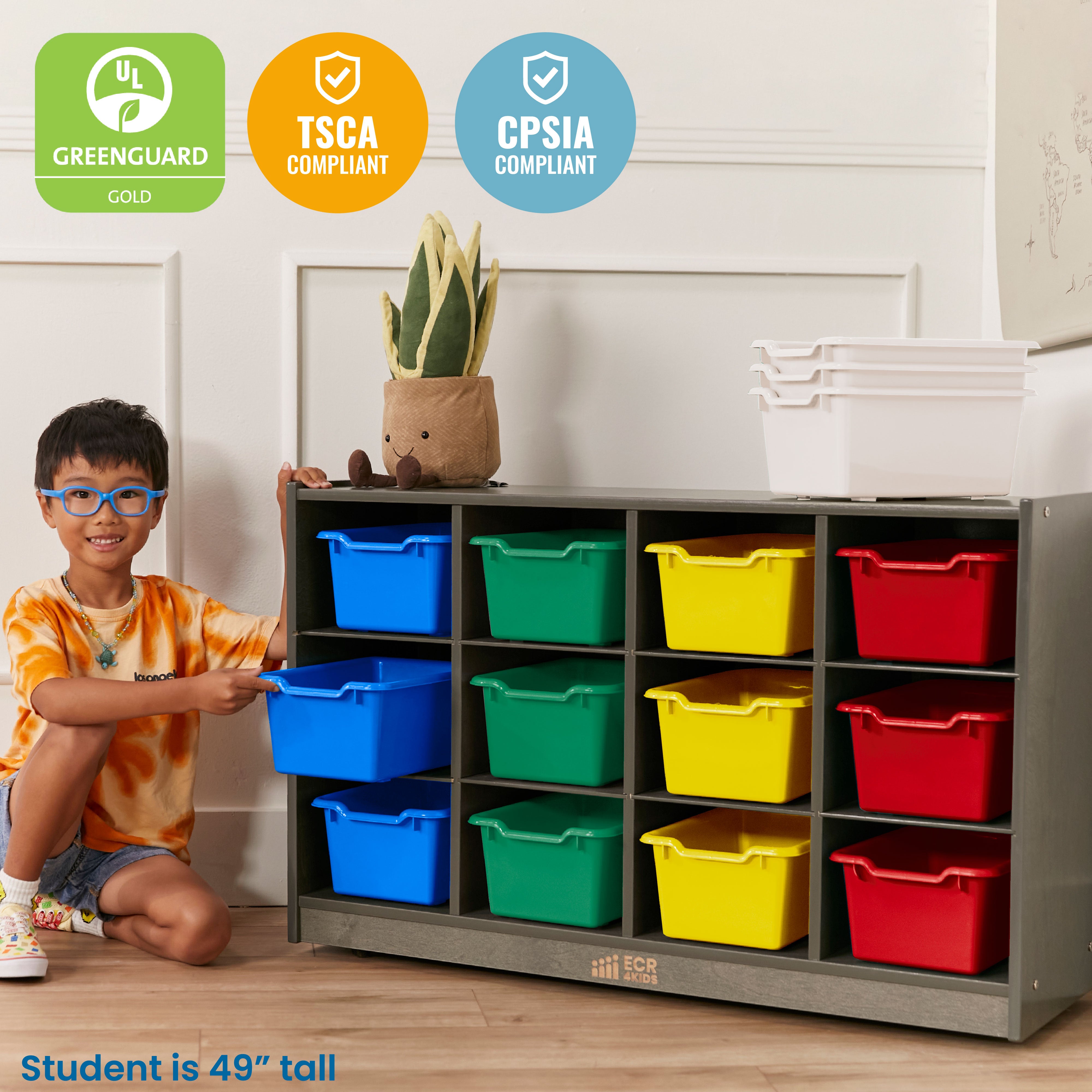 12 Cubby Mobile Tray Cabinet with 15 Scoop Front Storage Bins, 3x4, Grey Wash