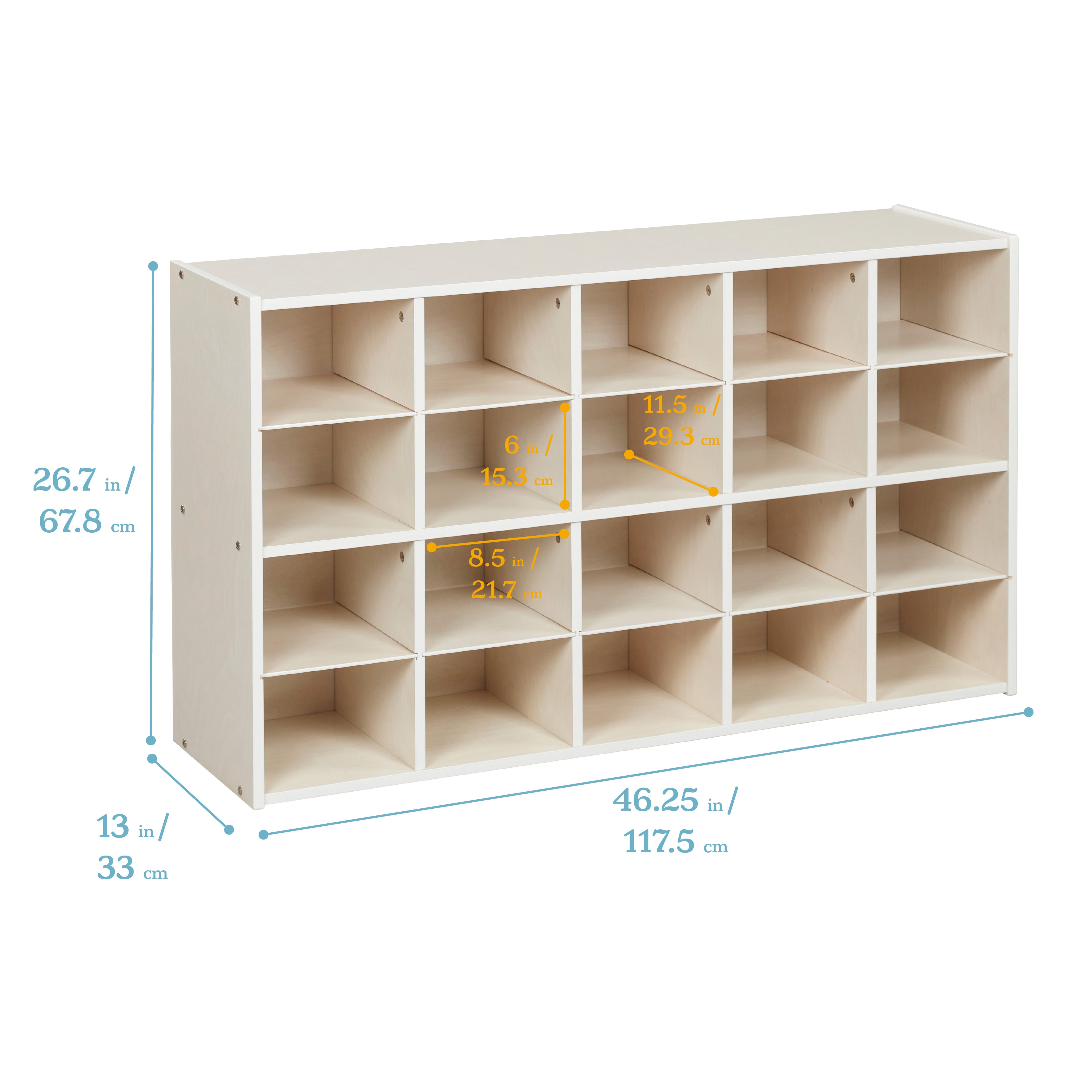 Streamline 20 Cubby Tray Storage Cabinet with 20 Scoop Front Storage Bins, 4x5, White Wash