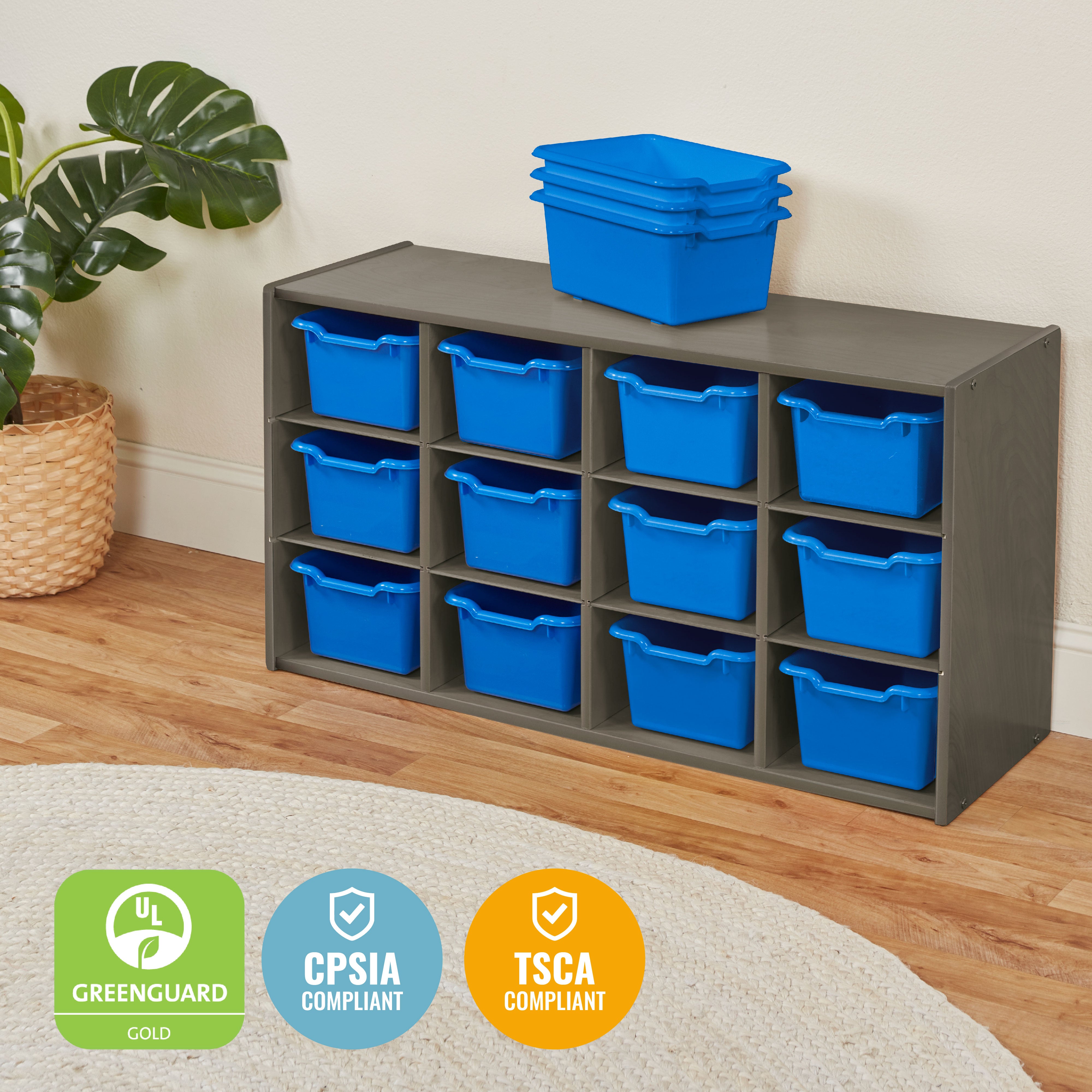 Streamline 12 Cubby Tray Cabinet with Scoop Front Storage Bins, 3x4, Grey Wash