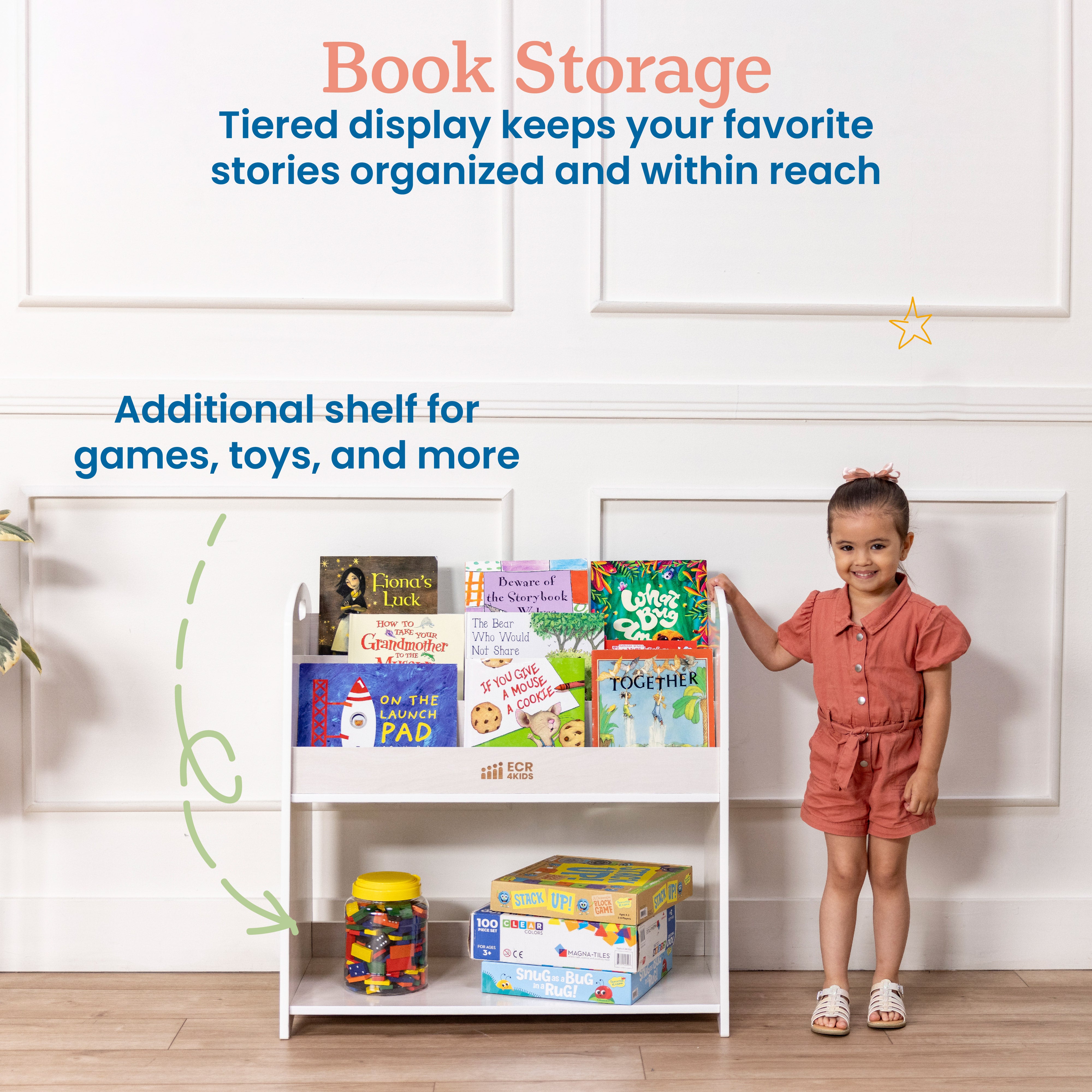 3-Shelf Floor Book Display with Handles and Storage, 30in