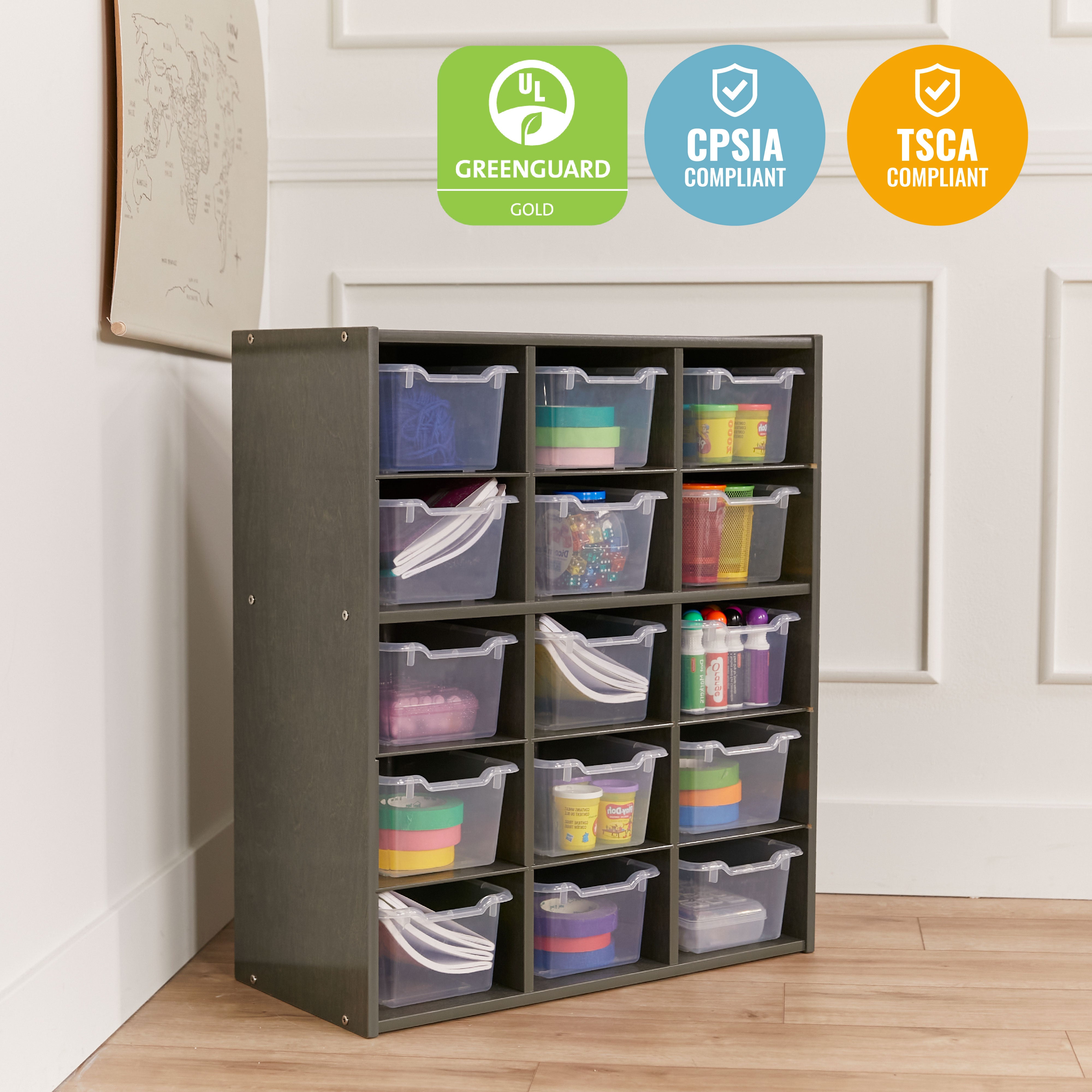 Streamline 15 Cubby Tray Cabinet with 15 Scoop Front Storage Bins, 5x3, Grey Wash