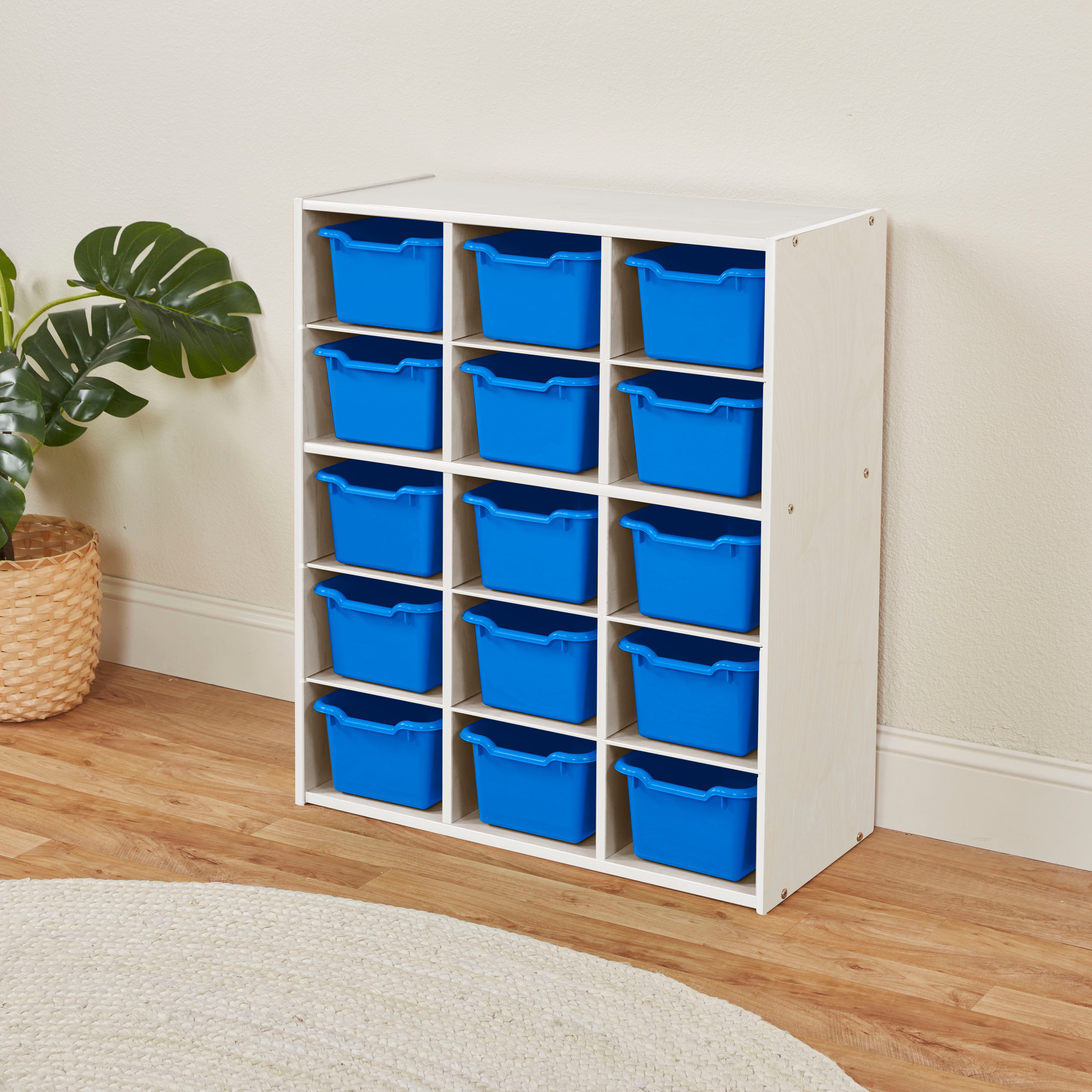 Streamline 15 Cubby Tray Cabinet with 15 Scoop Front Storage Bins, 5x3, White Wash
