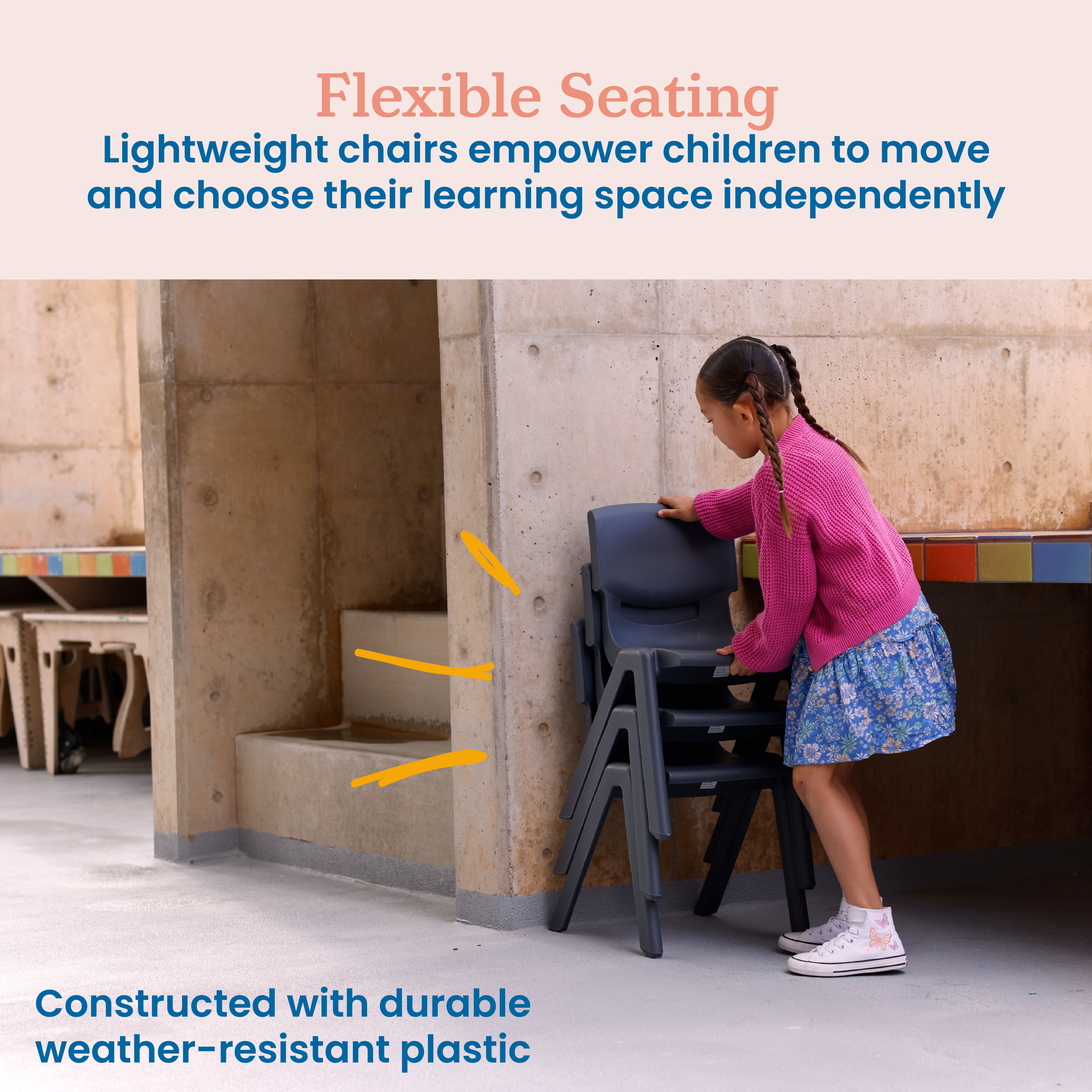 Plastic School Stack Chair for Indoors and Outdoors, Flexible Seating, 14in Seat Height, 4-Pack
