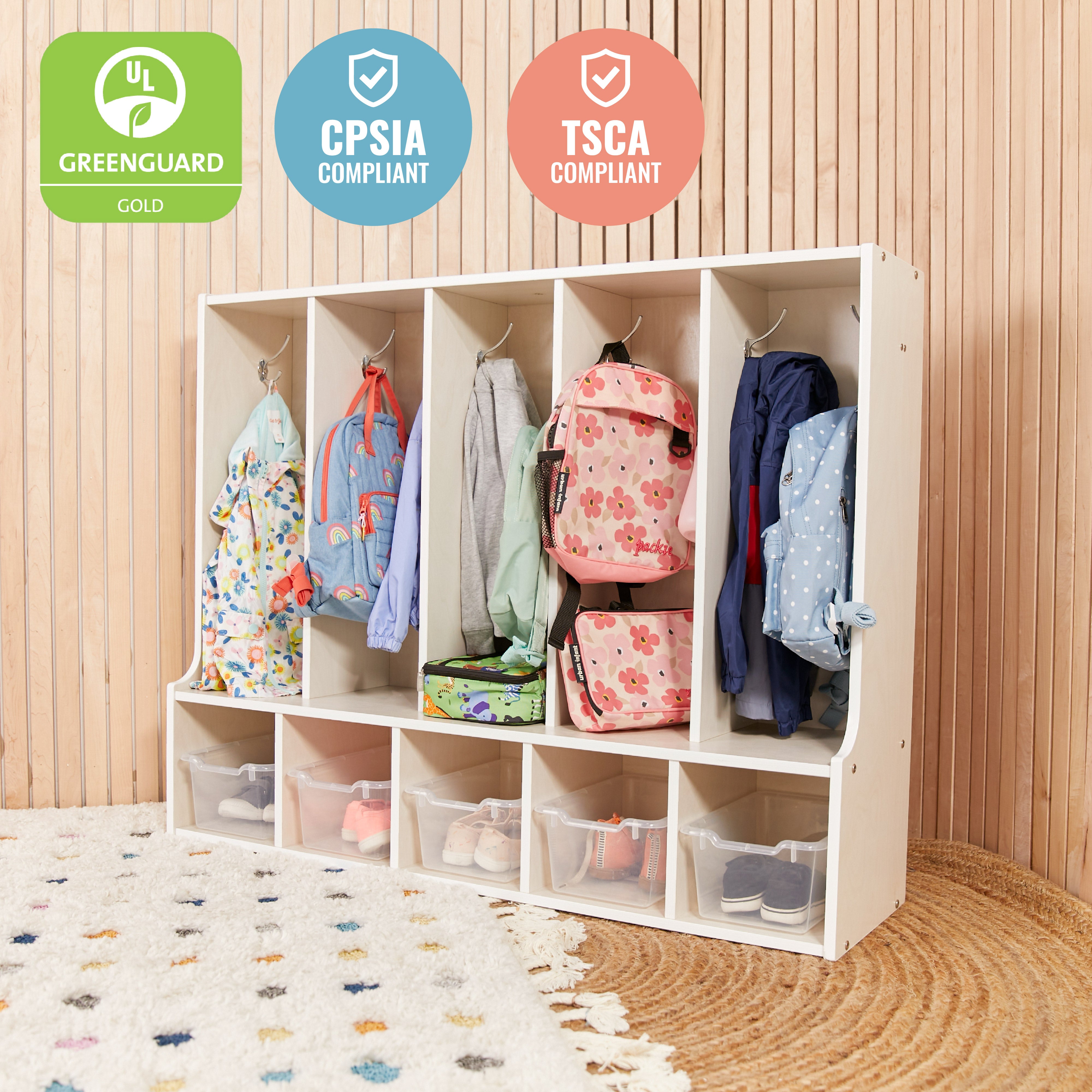 Streamline 5-Section Toddler Coat Locker with Bench and Bins