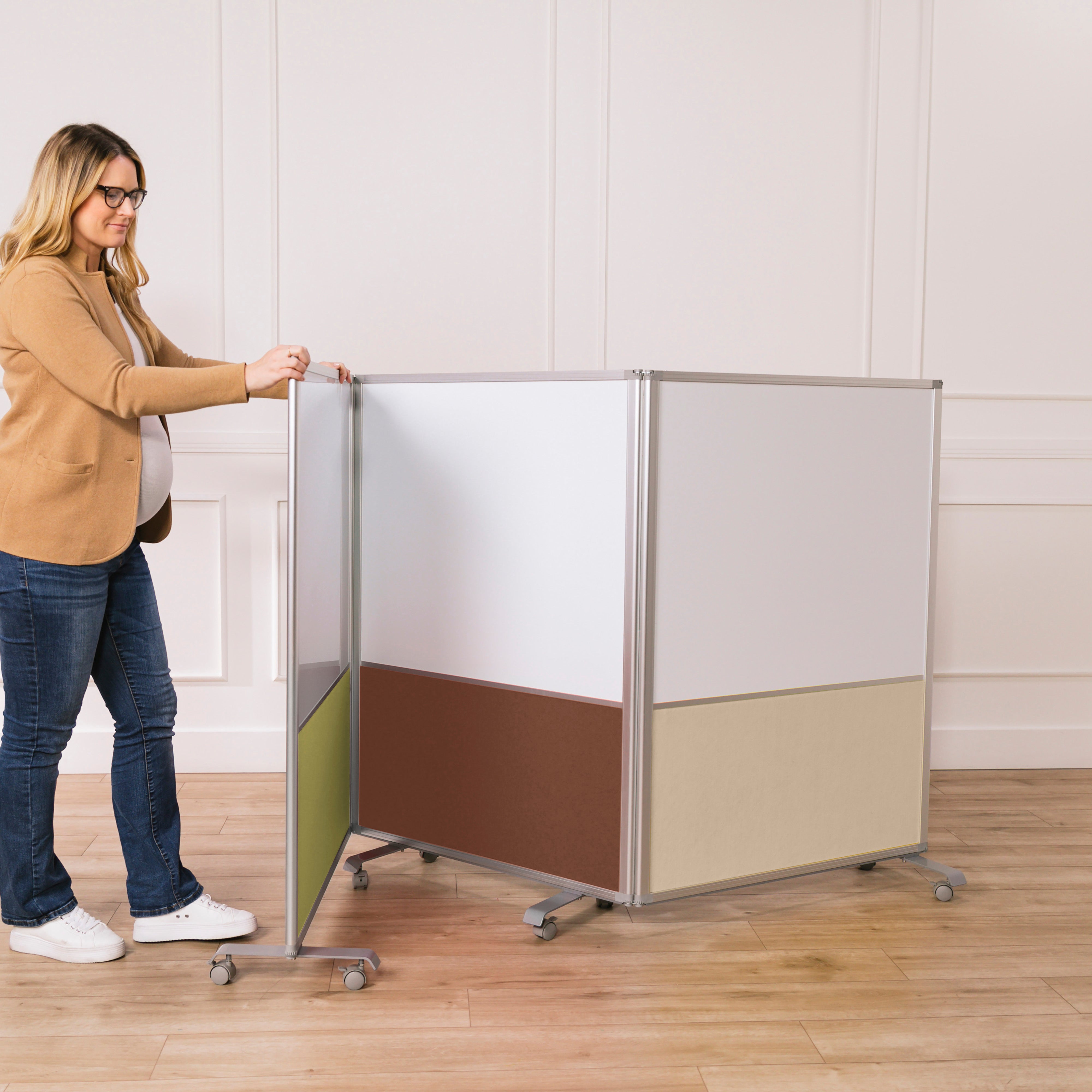 Mobile Dry-Erase and Flannel Split Room Divider, 3-Panel