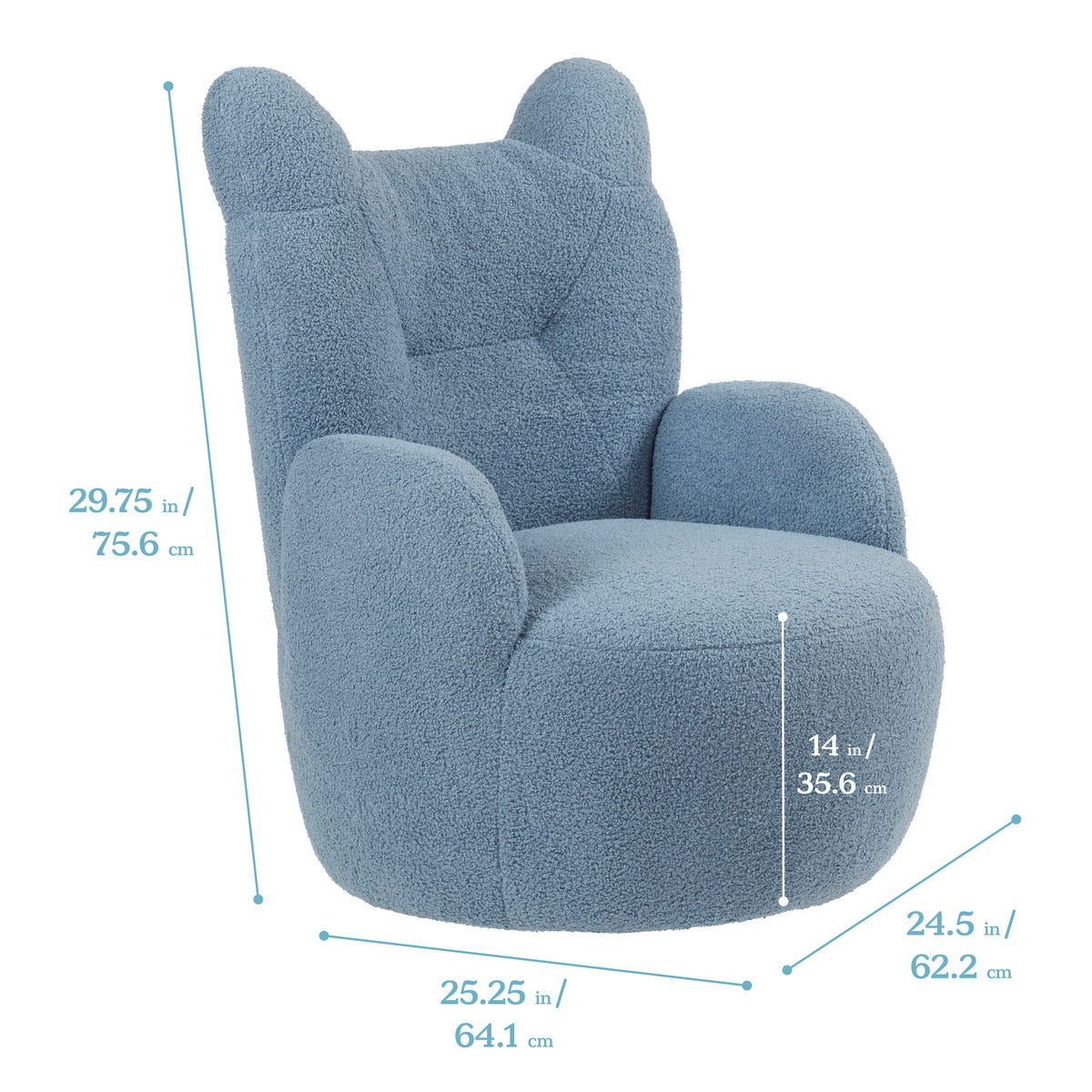 Gray sherpa chair with rounded teddy bear ears, cushioned seat and back, 14-inch seat height.