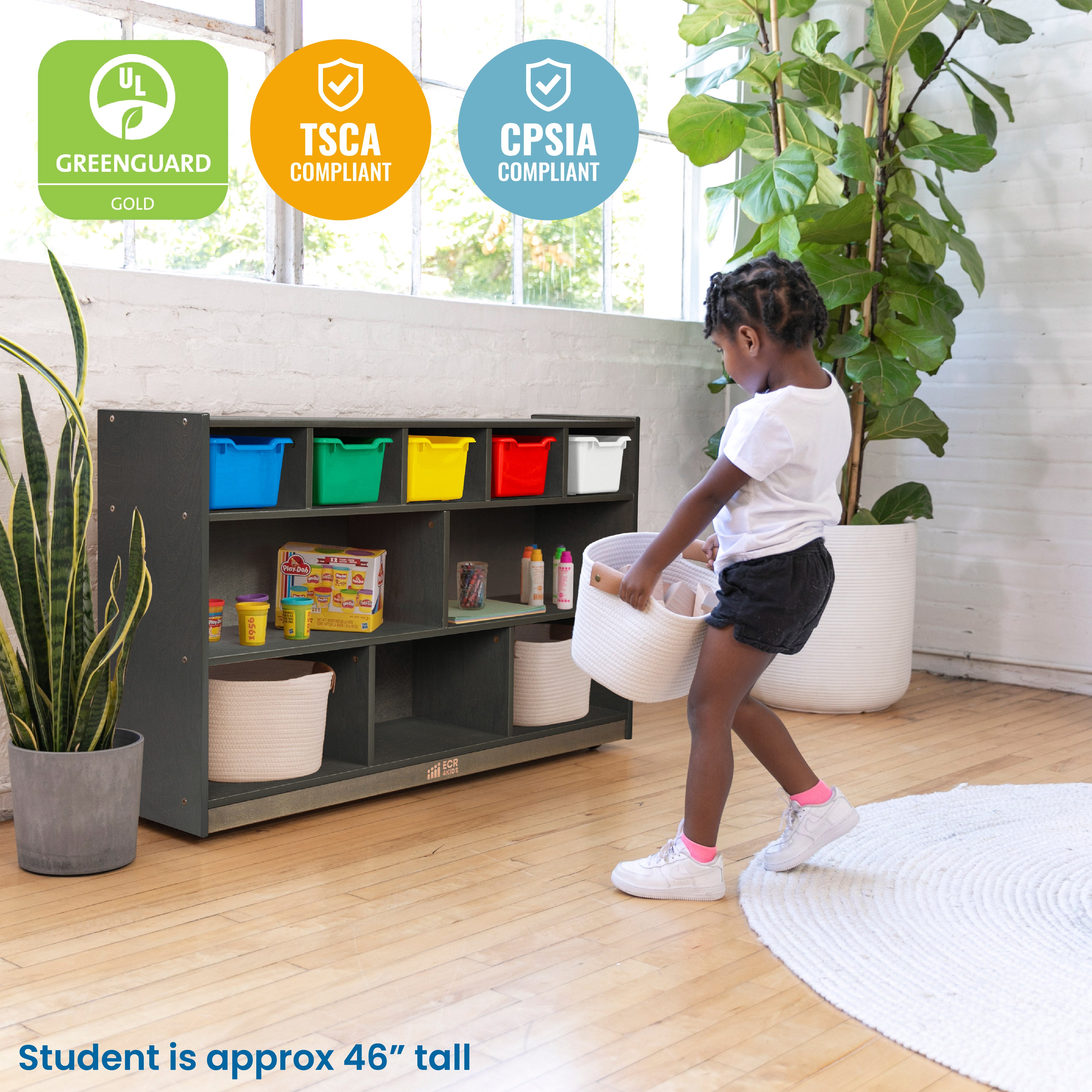 5+5 Mobile Storage and Tray Cabinet with 5 Scoop Front Bins, Grey Wash, Classroom Furniture