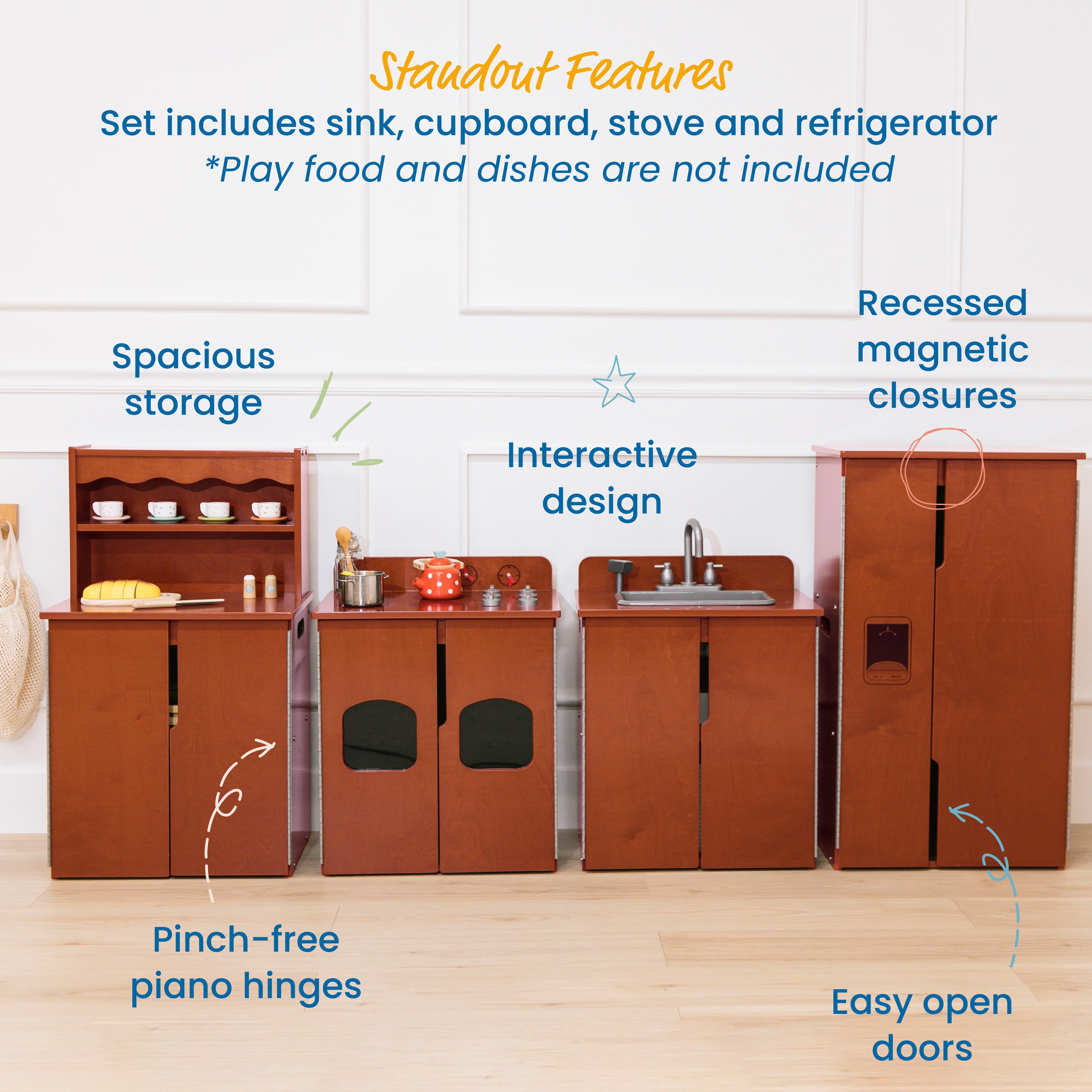Kitchen Cupboard, Stove, Sink, and Refrigerator for Kids, Wooden, 4-Piece