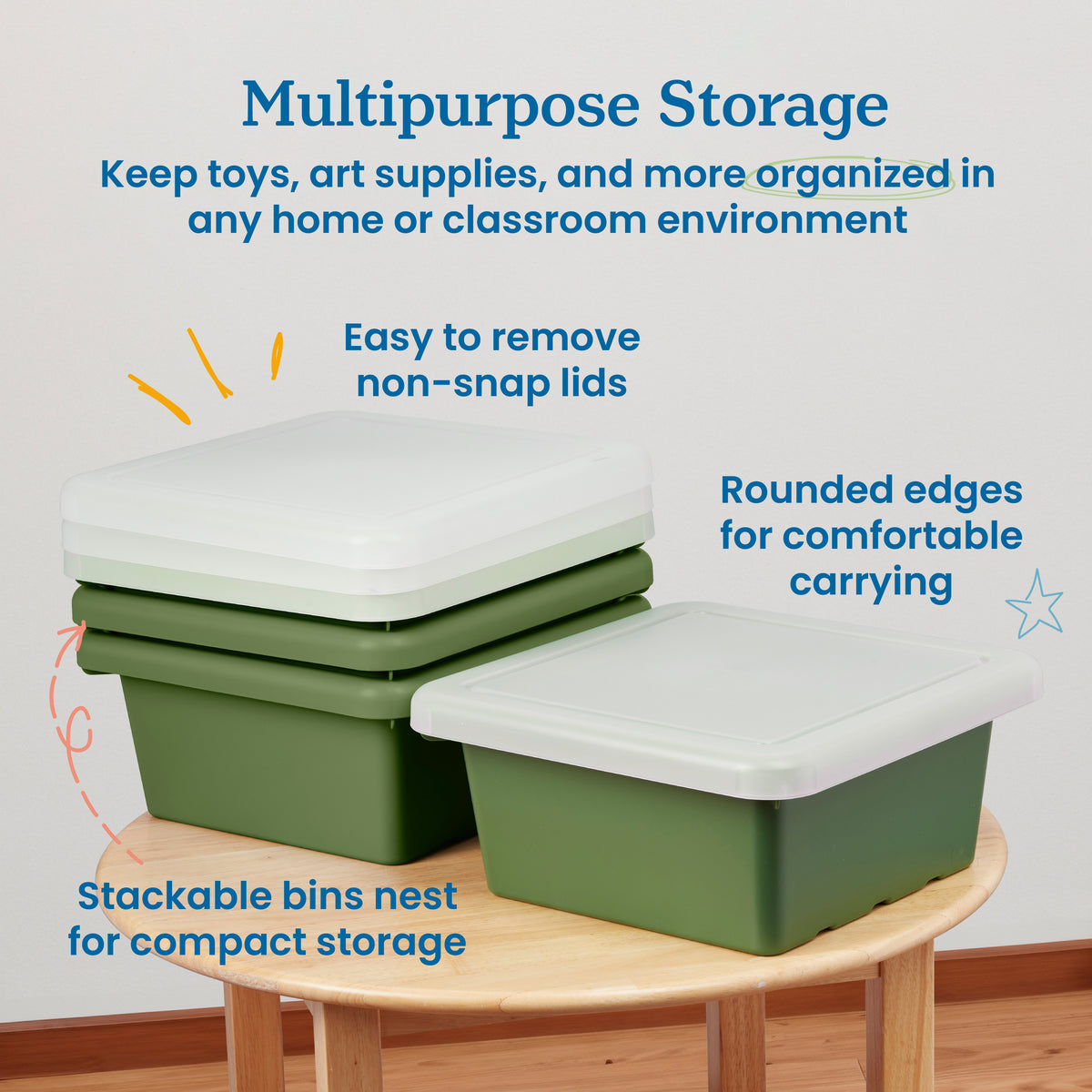 Stackable Square Bins with Non-Snap Lids, 4-Pack