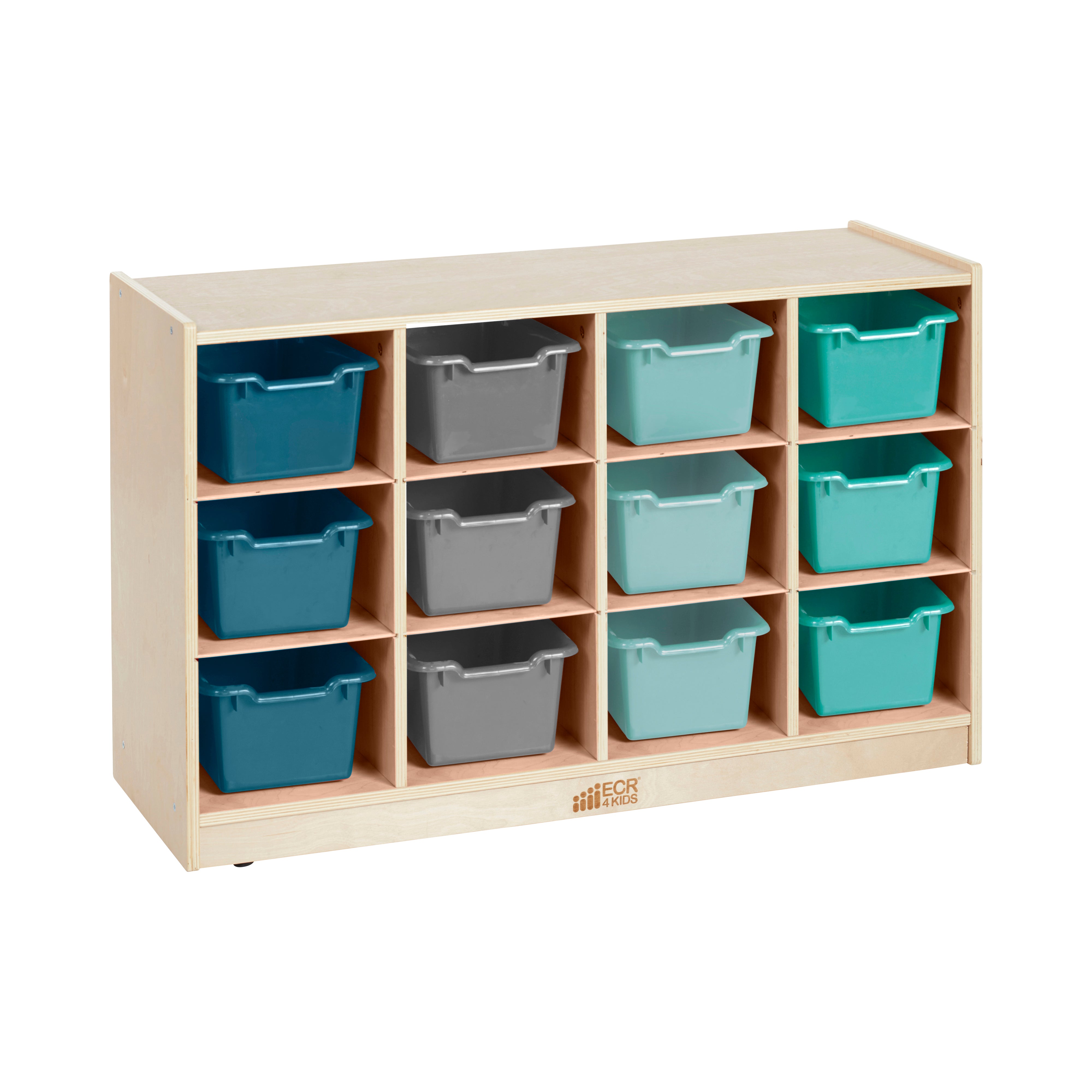 12 Cubby Mobile Tray Cabinet with 15 Scoop Front Storage Bins, 3x4, Natural
