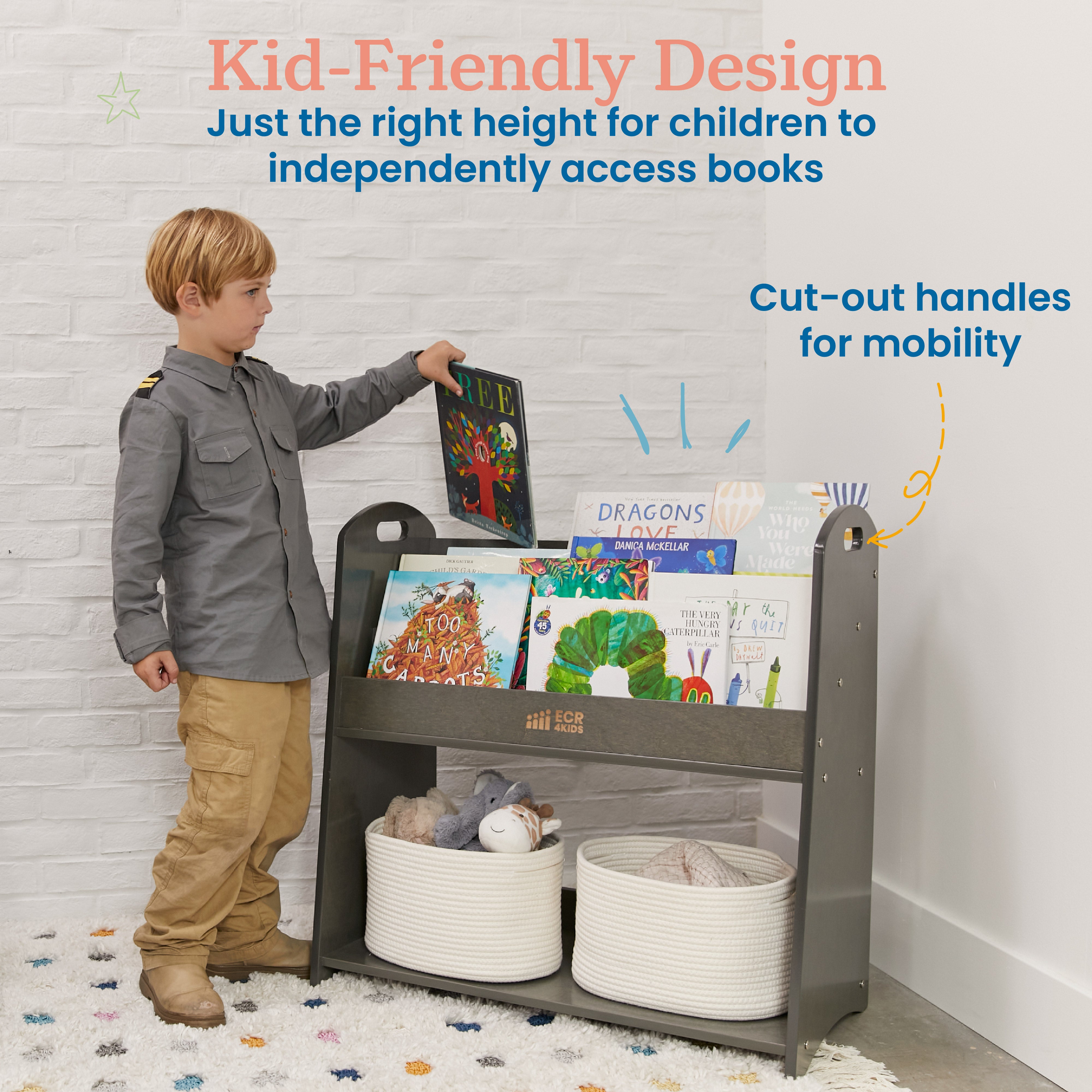 3-Shelf Floor Book Display with Handles and Storage, 30in