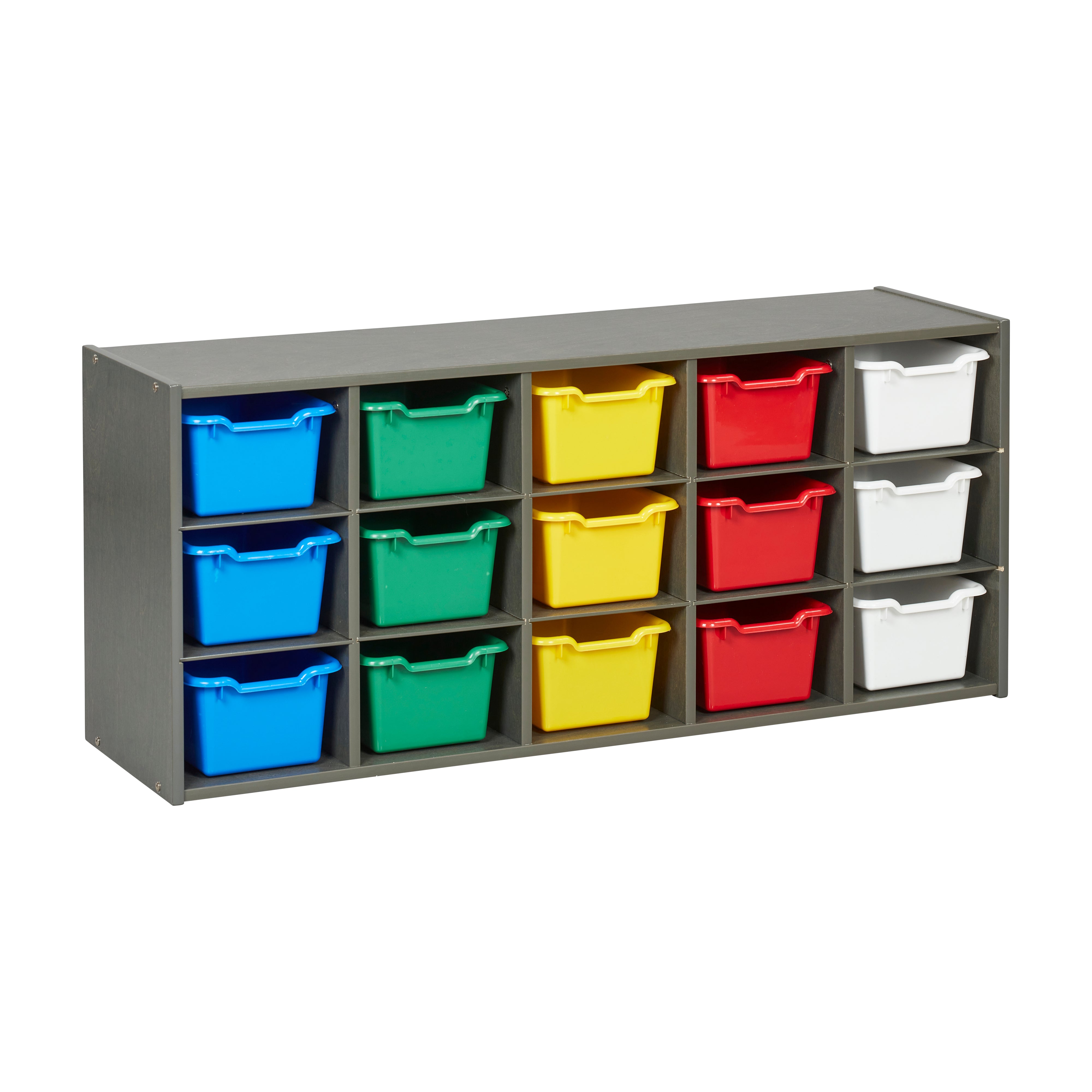 Streamline 15 Cubby Tray Cabinet with 15 Scoop Front Storage Bins, 3x5, Grey Wash