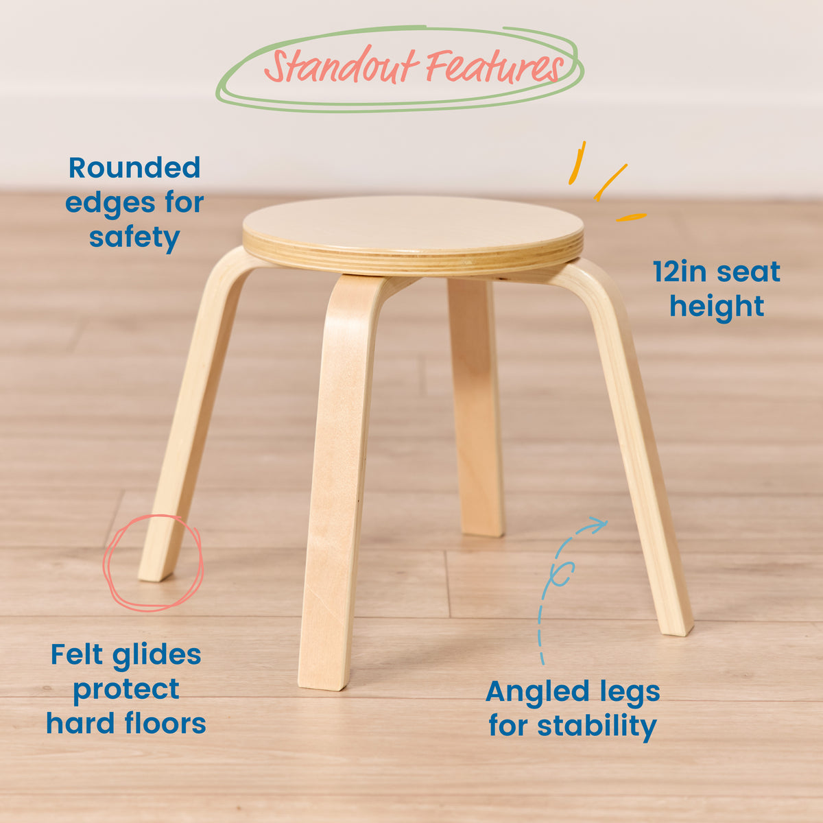 Round Bentwood Table and Four Stools, 12in Seat Height, 5-Piece