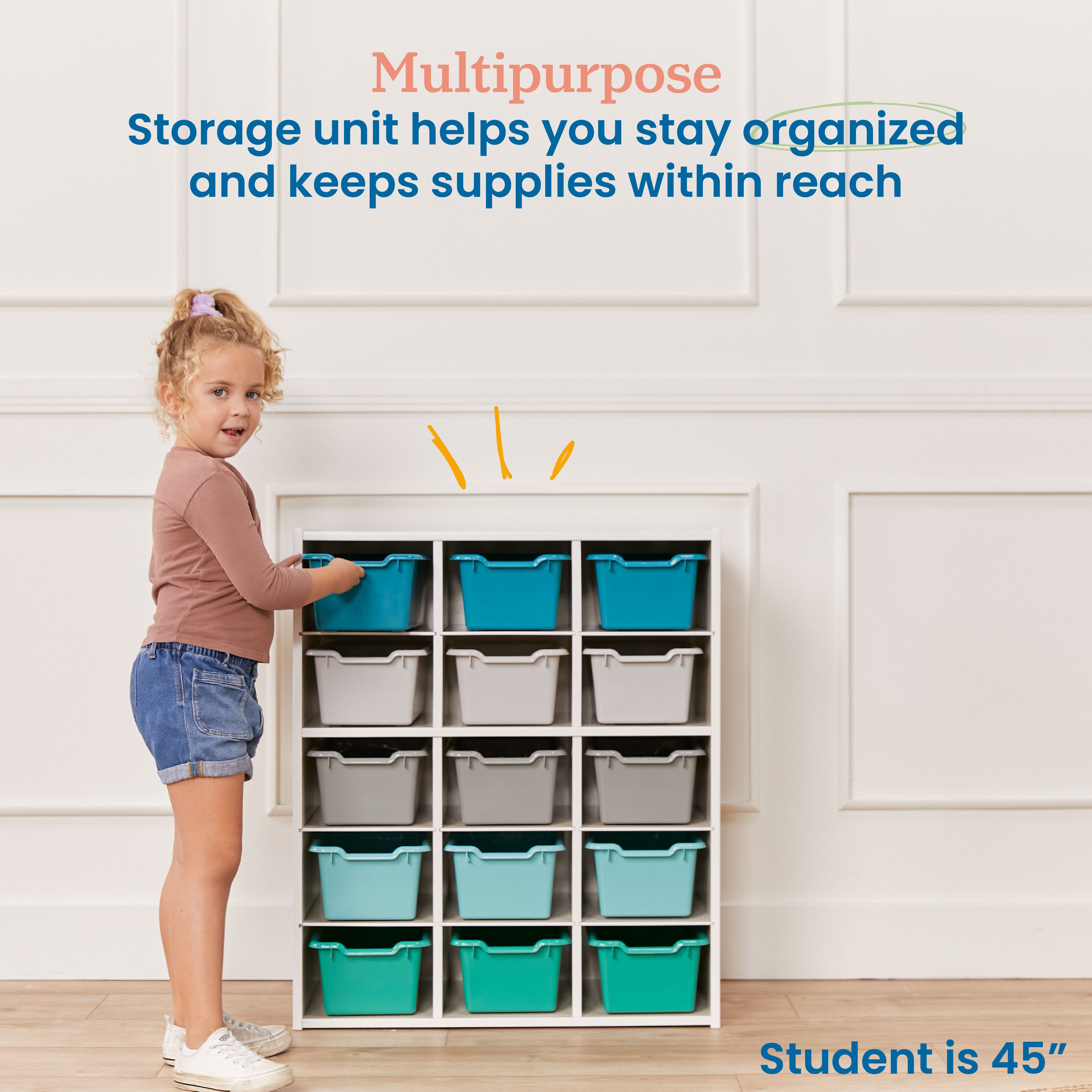 Streamline 15 Cubby Tray Cabinet with 15 Scoop Front Storage Bins, 5x3, White Wash