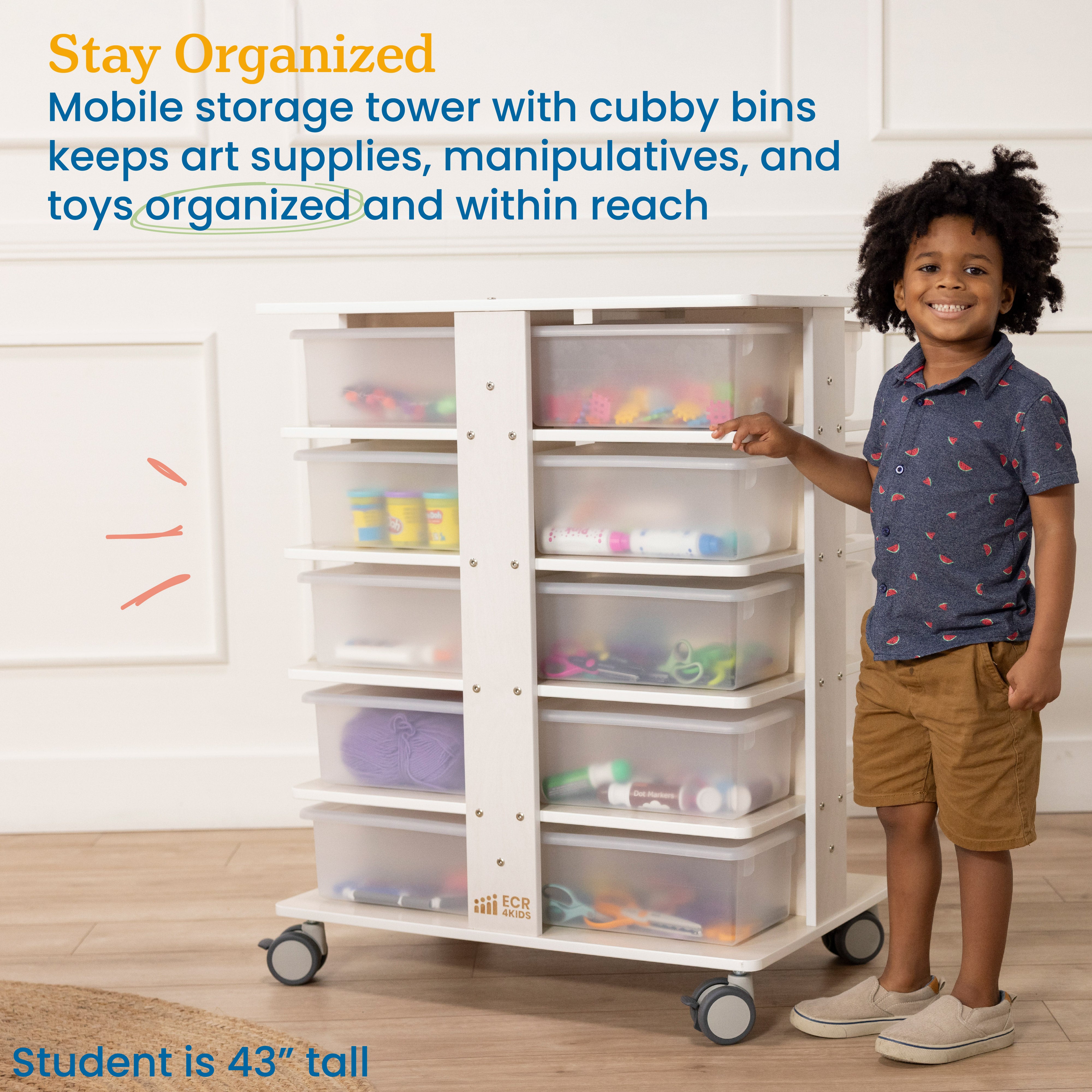 20-Compartment Mobile Storage Tower with Cubby Bins with Lids, 5x4, White Wash, Classroom Furniture