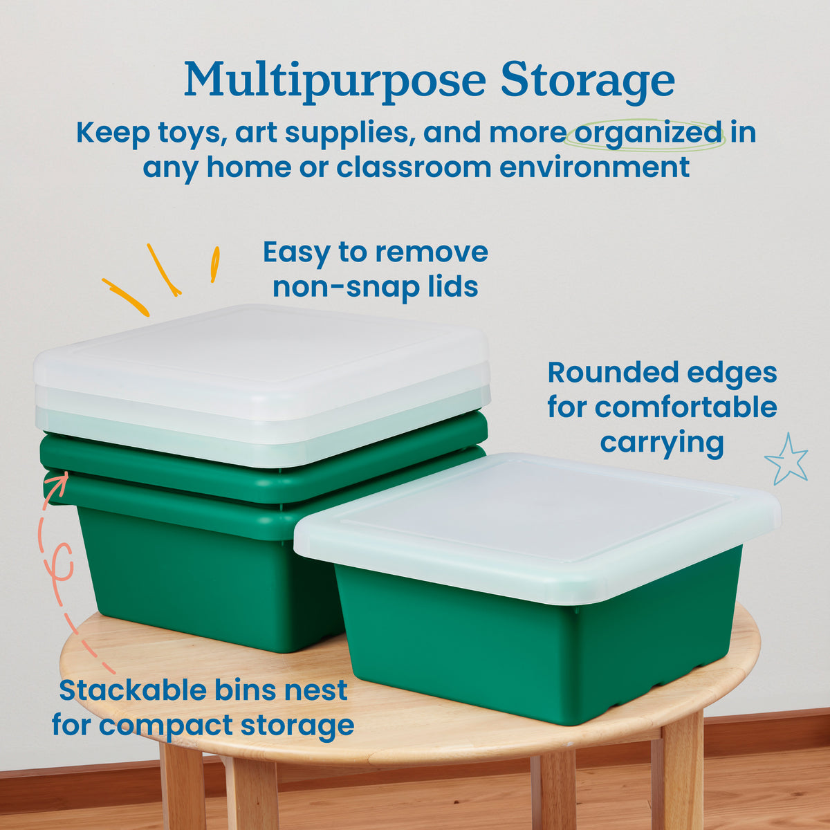 Stackable Square Bins with Non-Snap Lids, 4-Pack