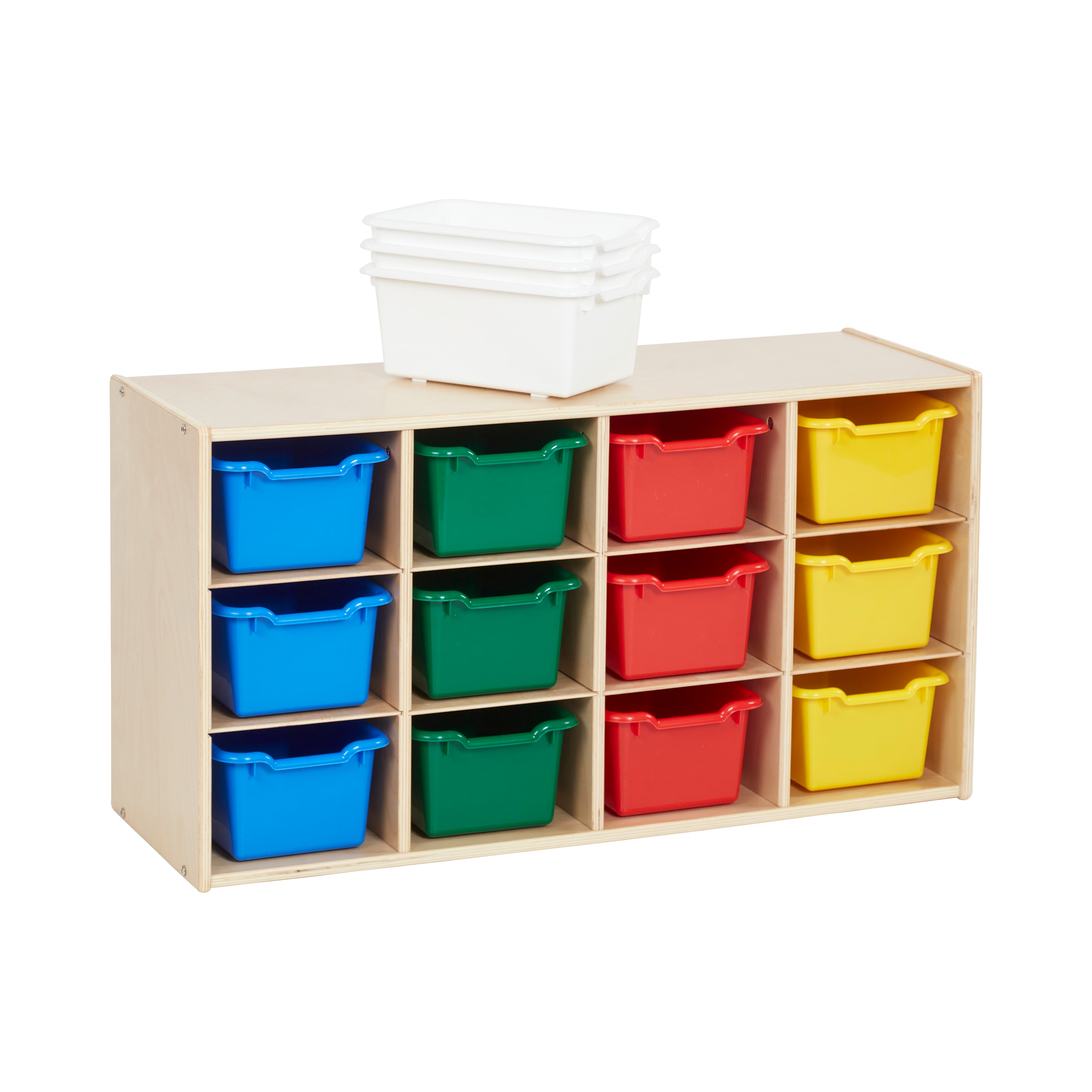 Streamline 12 Cubby Tray Cabinet with 15 Scoop Front Storage Bins, 3x4, Natural