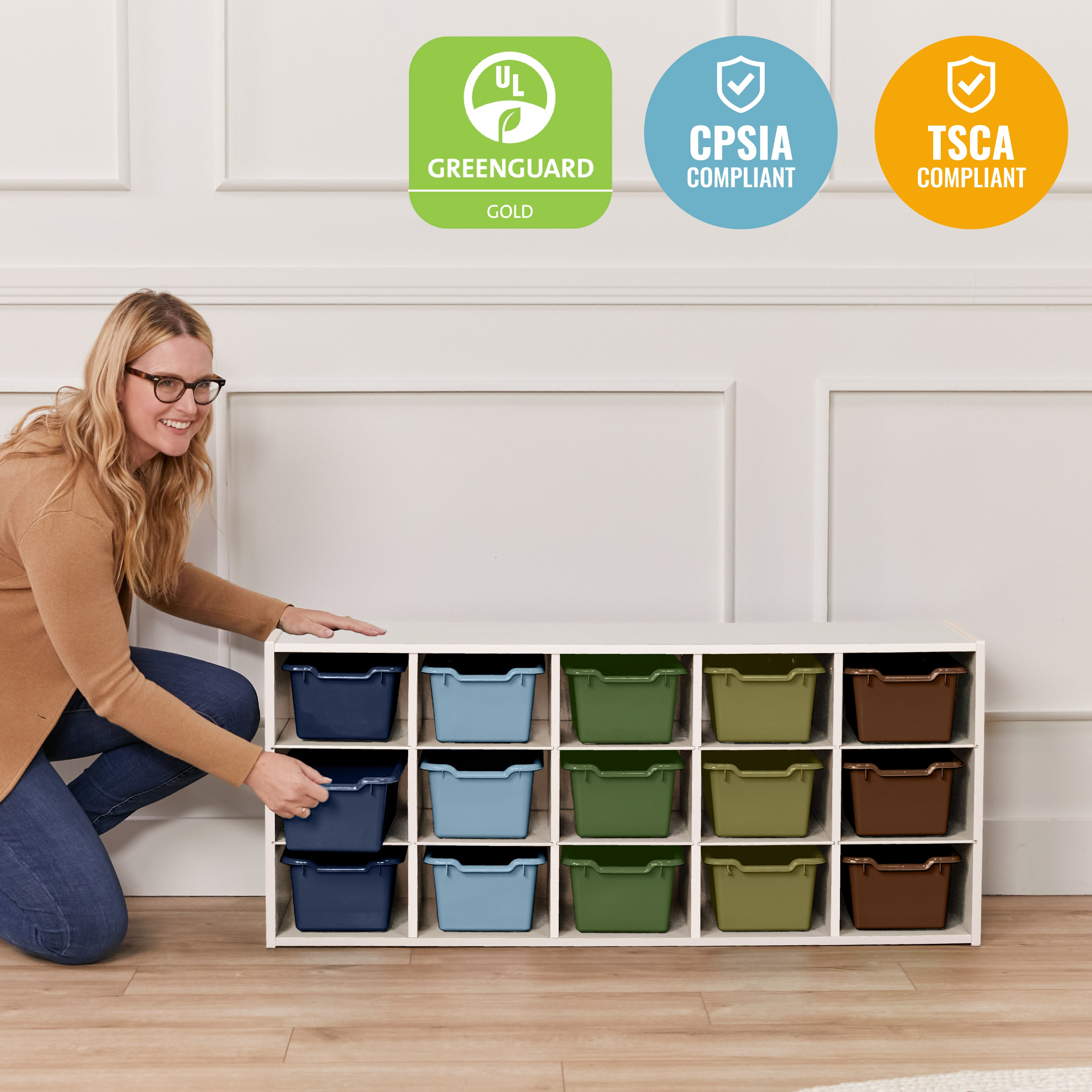 Streamline 15 Cubby Tray Cabinet with 15 Scoop Front Storage Bins, 3x5, White Wash